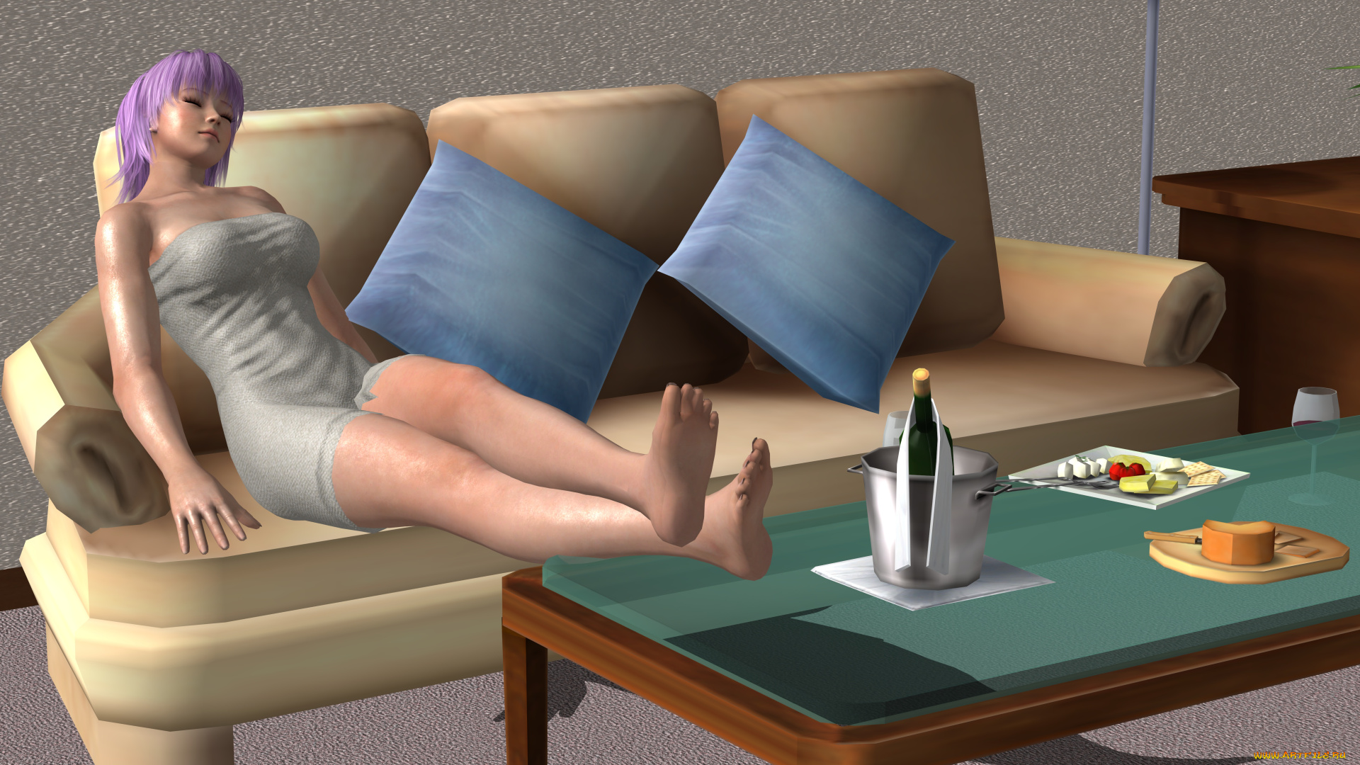 3д, графика, аниме, , anime, диван, девушка, сон, вино, стол, подушки