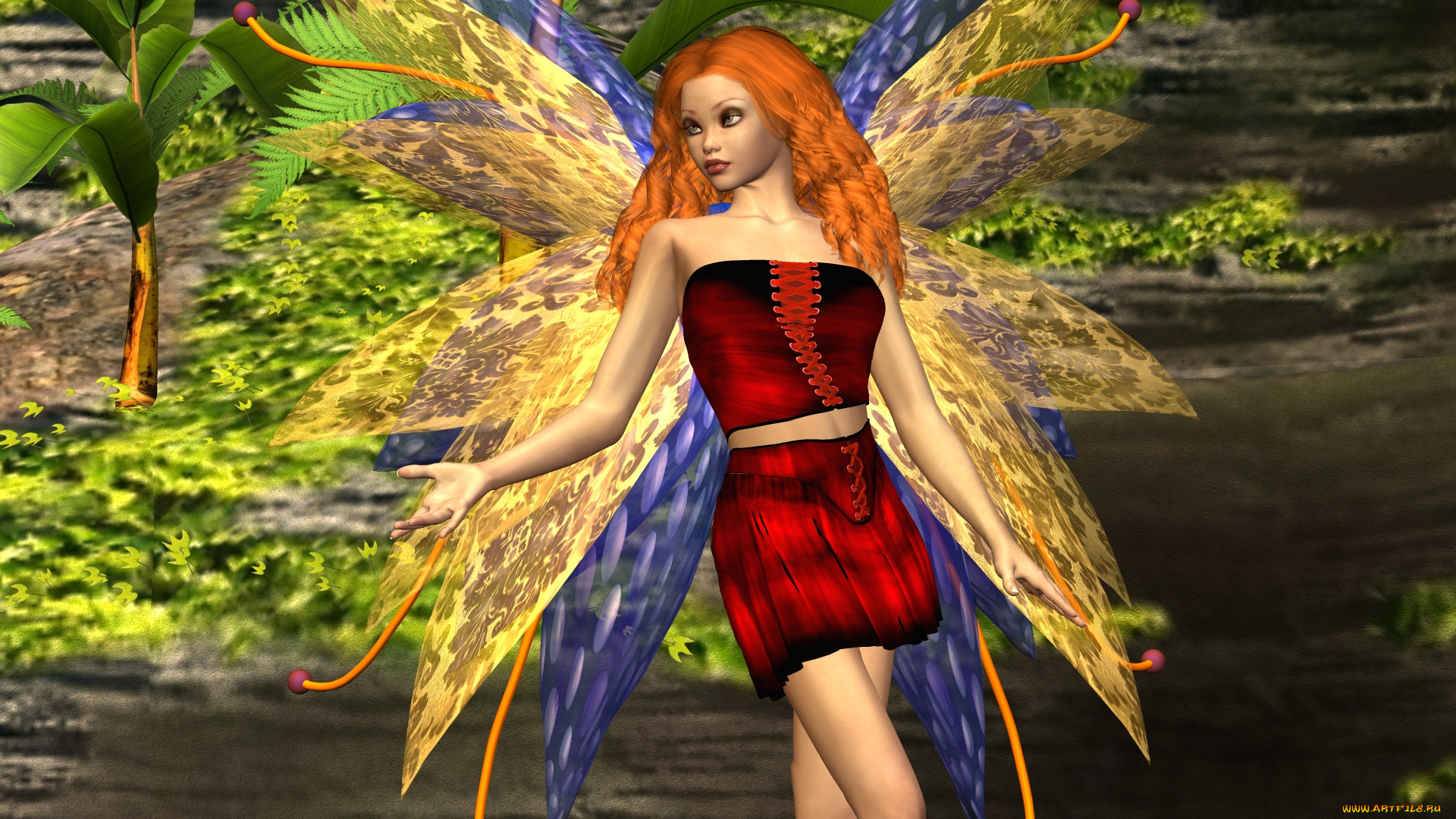 3д, графика, эльфы, , elves, девушка, взгляд, фон, рыжая, фея