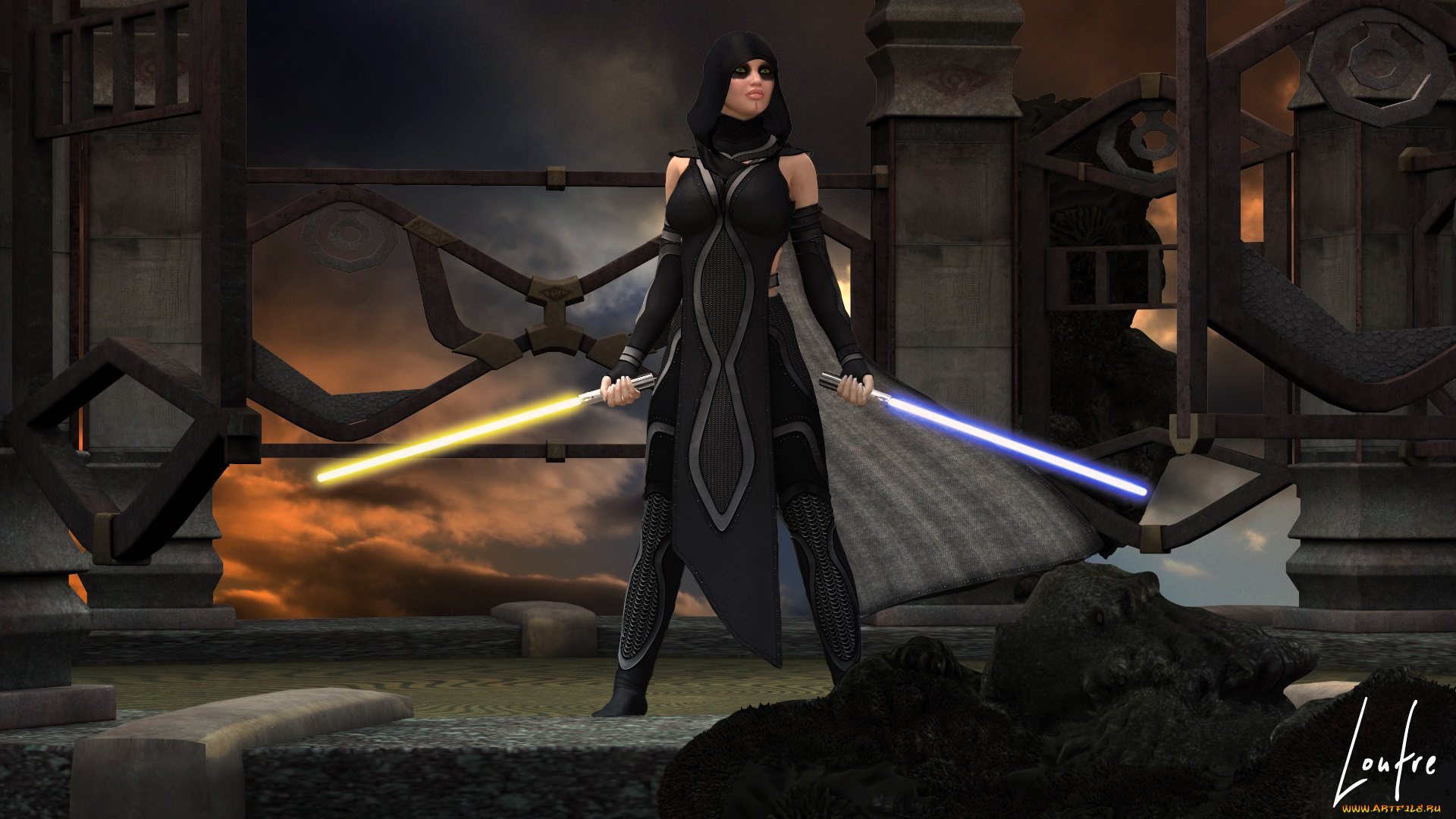 3д, графика, фантазия, , fantasy, девушка, взгляд, фон, оружие