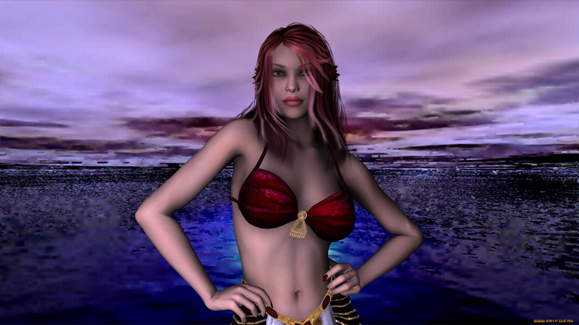 3д, графика, люди, , people, девушка, взгляд, фон, рыжая, купальник, море