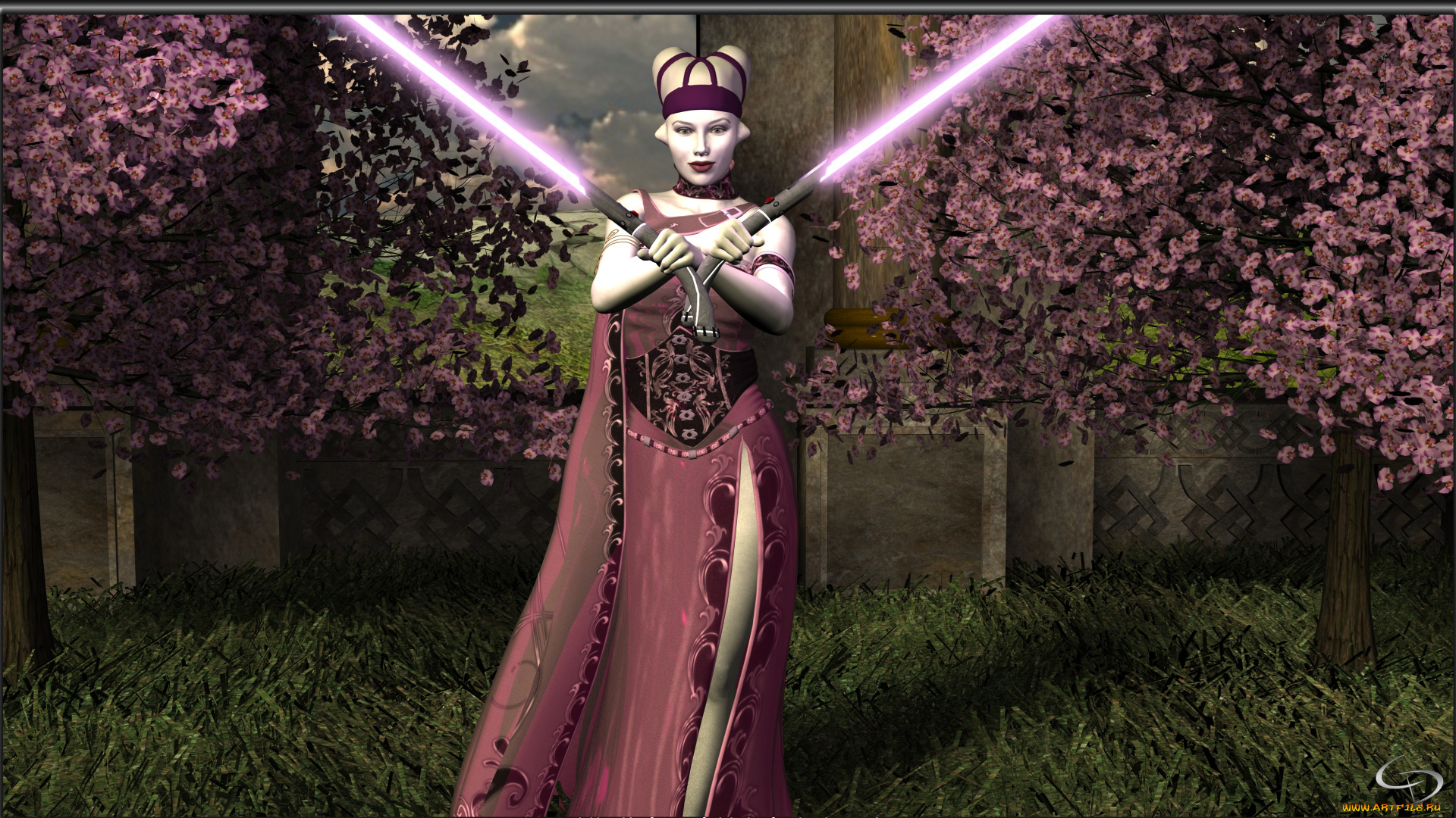 3д, графика, существа, , creatures, оружие, взгляд, халк, трава, цветение, сад, сакура
