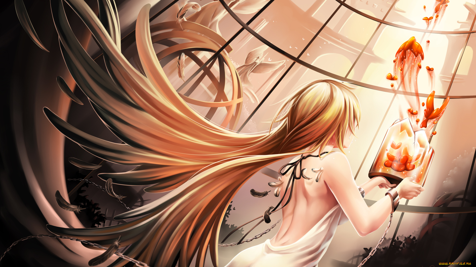 аниме, ангелы, , демоны, цепи, девушка, bluemallo, арт, жидкость, окна, птицы, клетка, перья