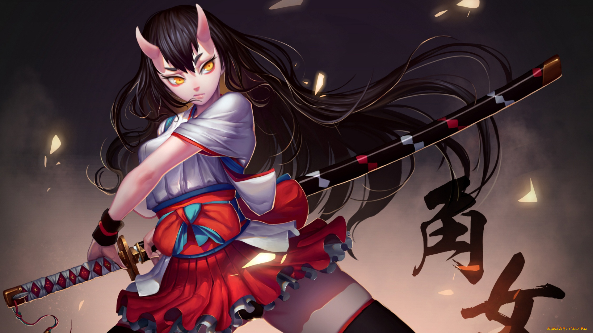 аниме, ангелы, , демоны, qianbi, взгляд, волосы, поза, демон, оружие, меч, девушка, арт