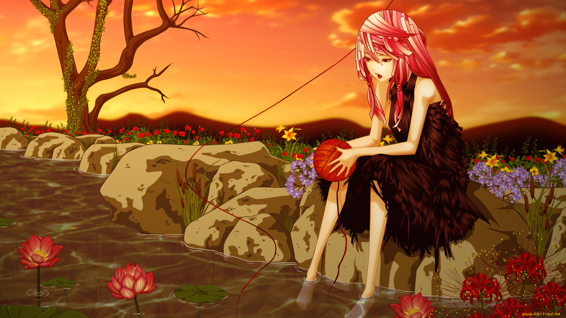 аниме, guilty, crown, небо, цветы, камни, cilou, деревья, пруд, платье, yuzuriha, inori, девушка, вода, заколка, клубок, облака, закат