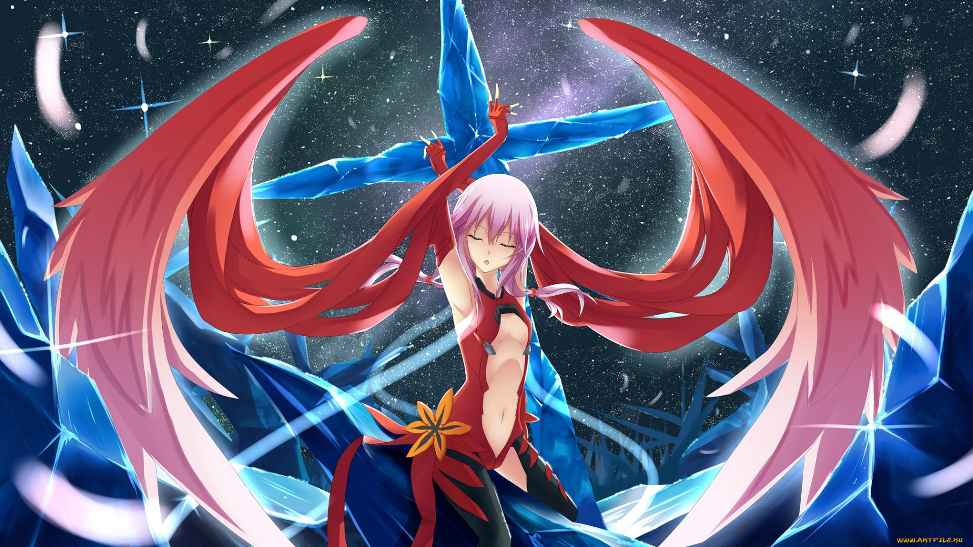 аниме, guilty, crown, платье, девушка, заколка, крест, ночь, крылья, перья, makadamia, лед, звезды, yuzuriha, inori, цветок