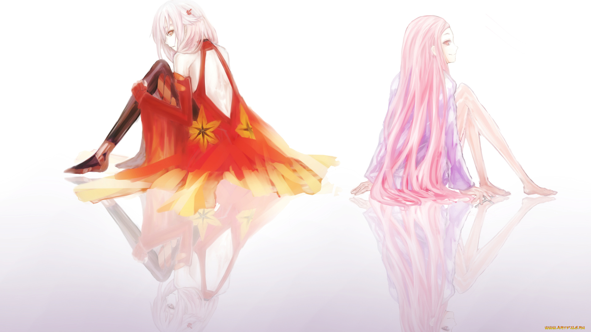 аниме, guilty, crown, платье, девушки, отражение, kiri, ouma, mana, yuzuriha, inori