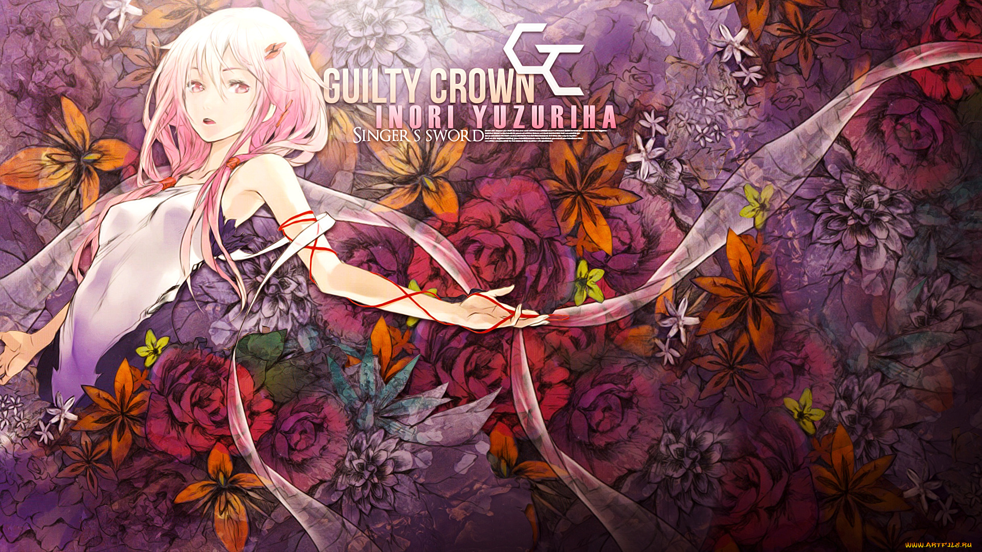 аниме, guilty, crown, yuzuriha, inori, цветы, заколка, нить, девушка, redjuice