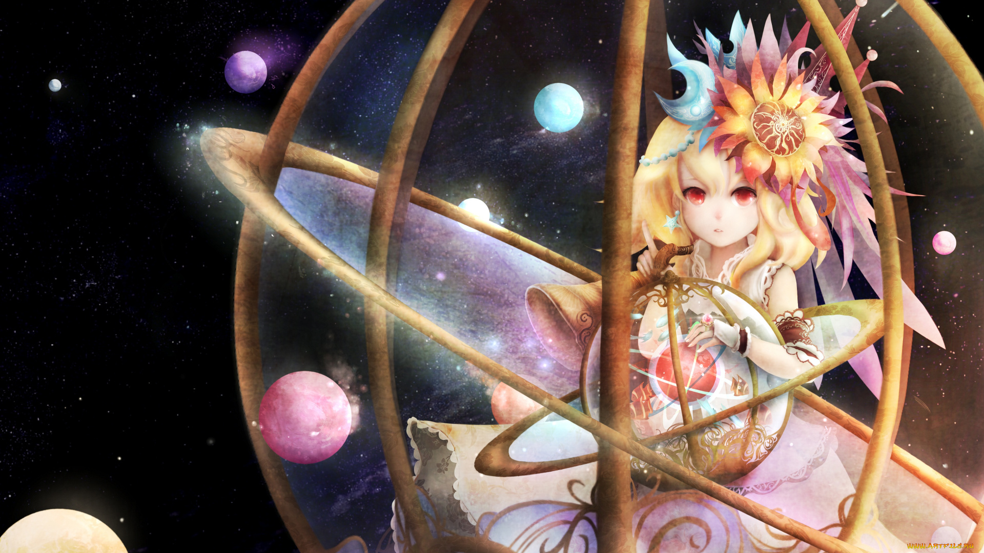 аниме, музыка, арт, zhang, xiao, bo, блондинка, планеты, космос, девушка
