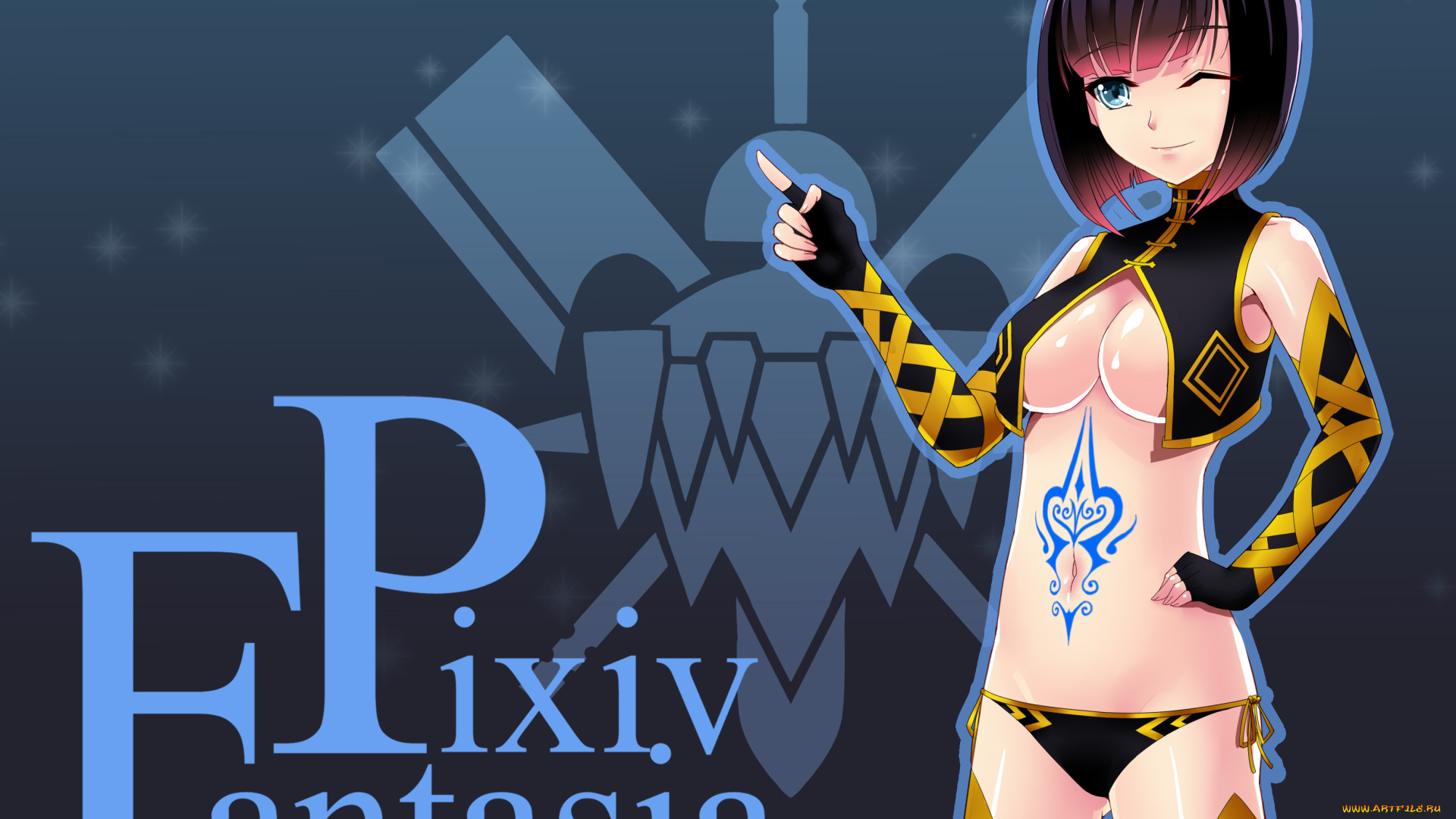 аниме, pixiv, fantasia, фон, mizutsuki, rei, fantasia, pixiv, надпись, тату, шатенка, девушки, арт