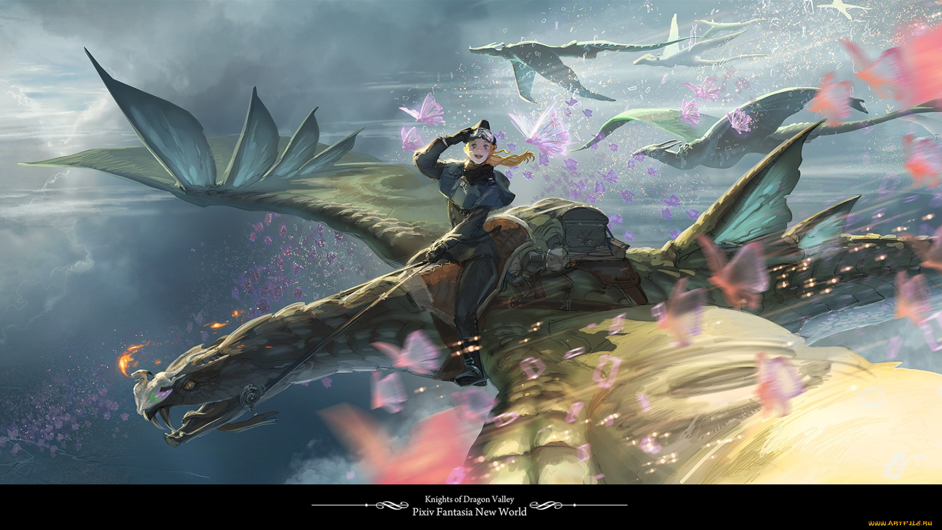 аниме, pixiv, fantasia, небо, youichi, девушка, арт, драконы, полёт, yuuki, fantasia, pixiv