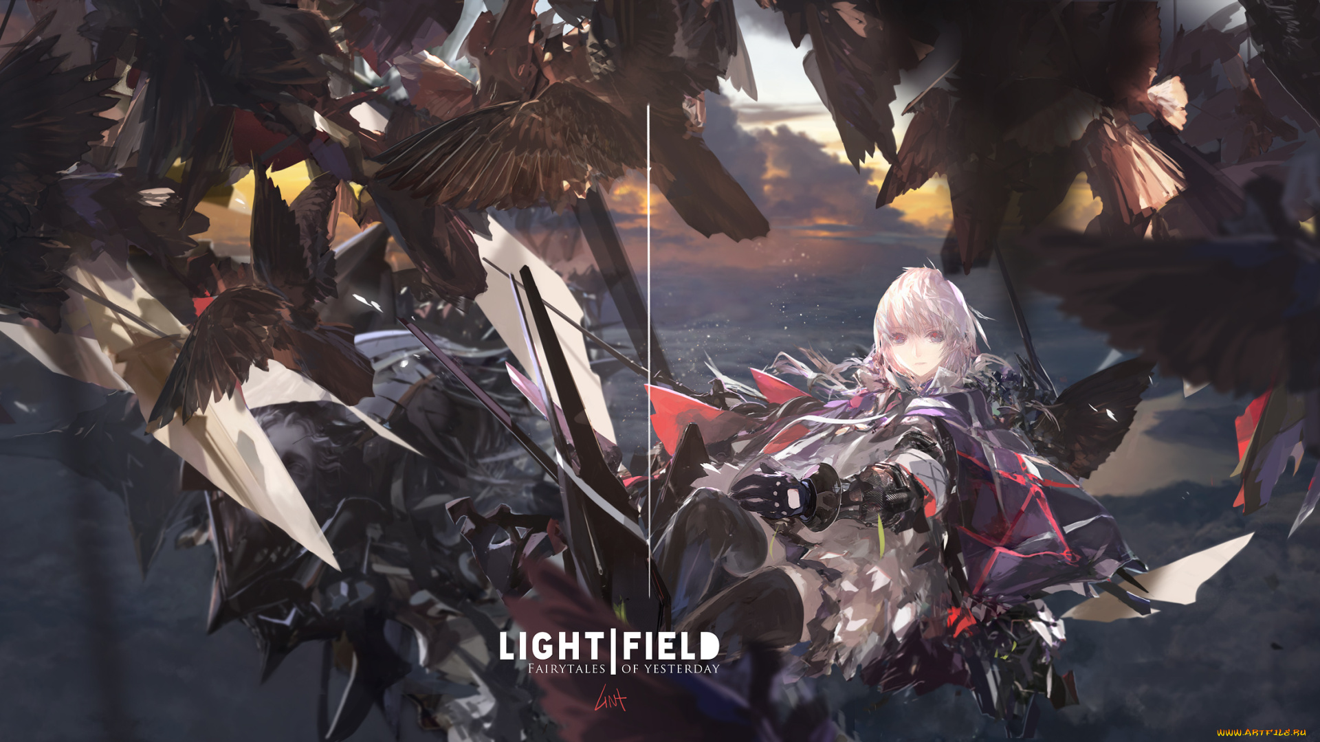 аниме, pixiv, fantasia, оружие, закат, облака, небо, девушка, птицы, арт, lin, fantasia, pixiv