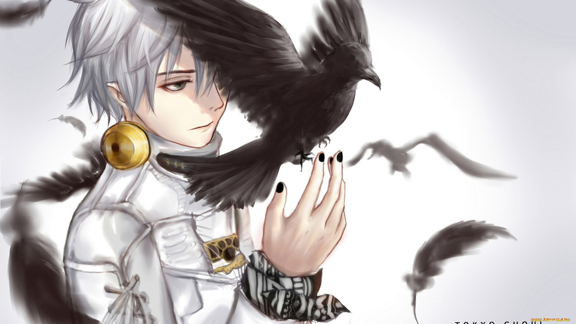 аниме, tokyo, ghoul, парень, kaneki, ken, наушники, перья, птицы, tokyo, ghoul, mazarinee, арт, ворона