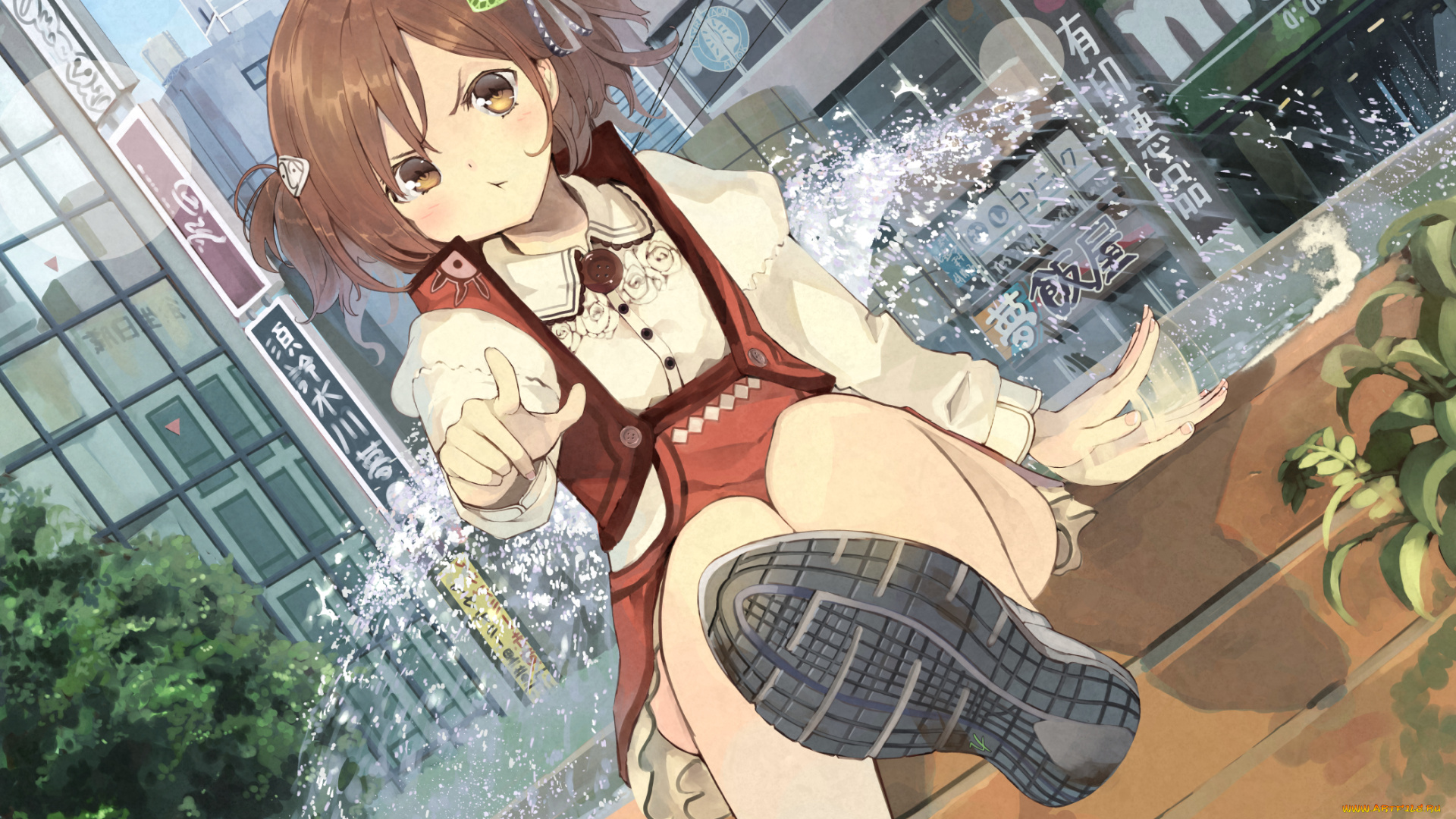 аниме, unknown, , другое, недовольство, девушка, фонтан, брызги, вода, улица, арт, doukutsuwa, goiro