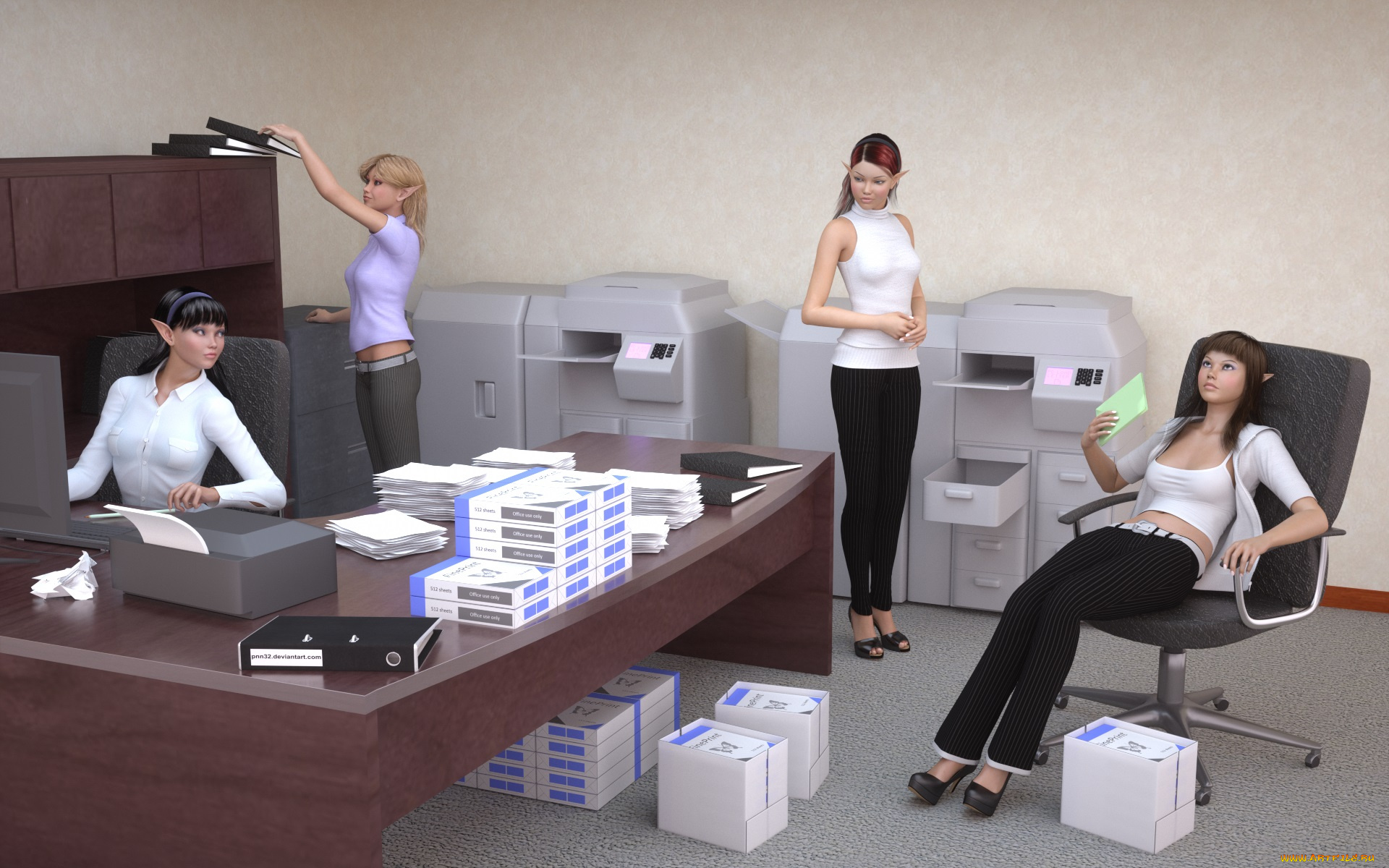 3д, графика, эльфы, , elves, офис, столы, эльфийки, стол, взгляд, девушки, книги