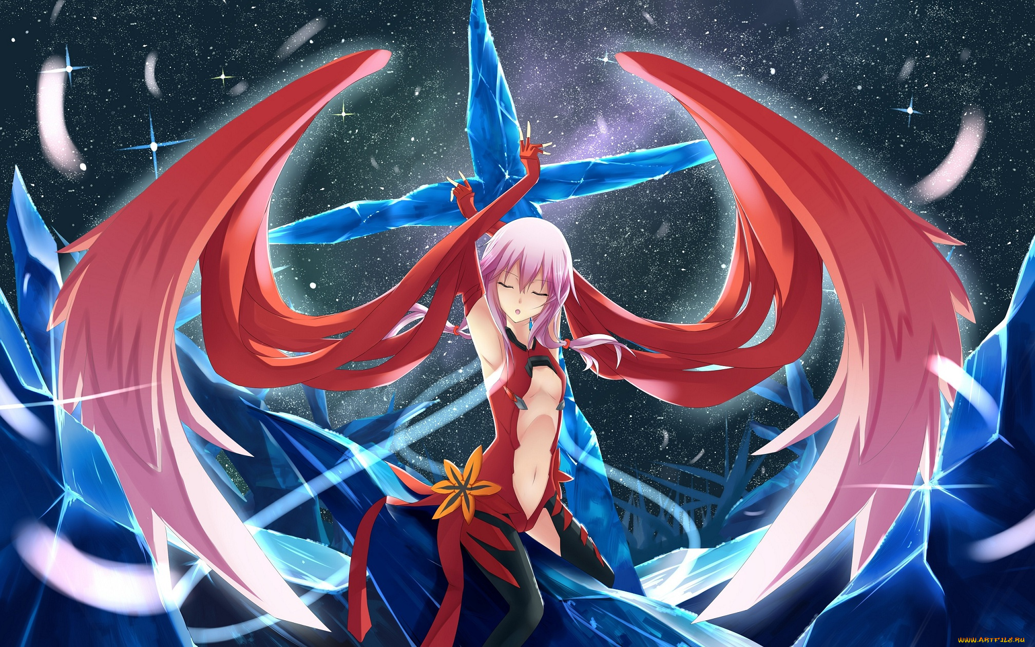 аниме, guilty, crown, платье, девушка, заколка, крест, ночь, крылья, перья, makadamia, лед, звезды, yuzuriha, inori, цветок