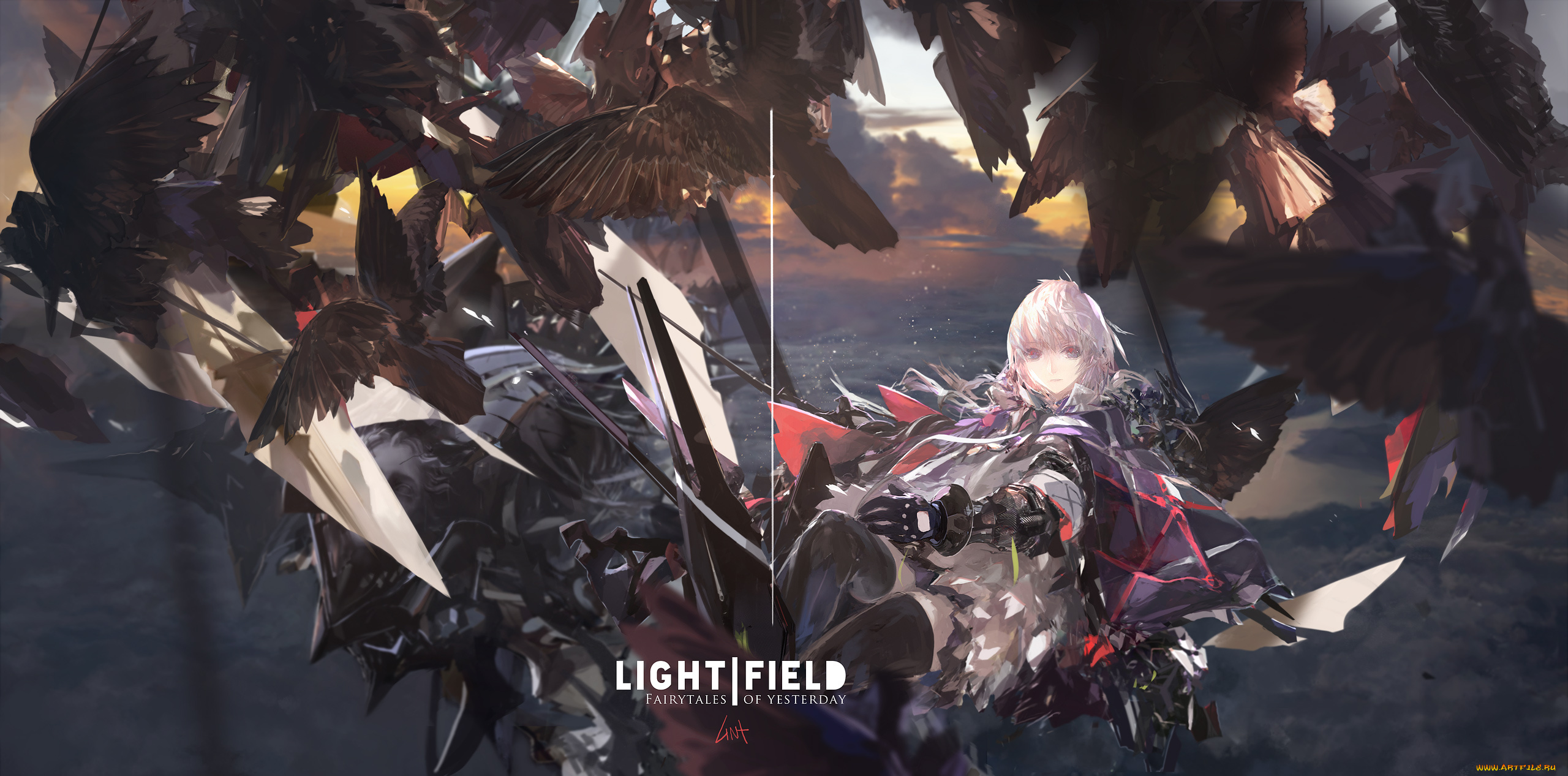 аниме, pixiv, fantasia, оружие, закат, облака, небо, девушка, птицы, арт, lin, fantasia, pixiv