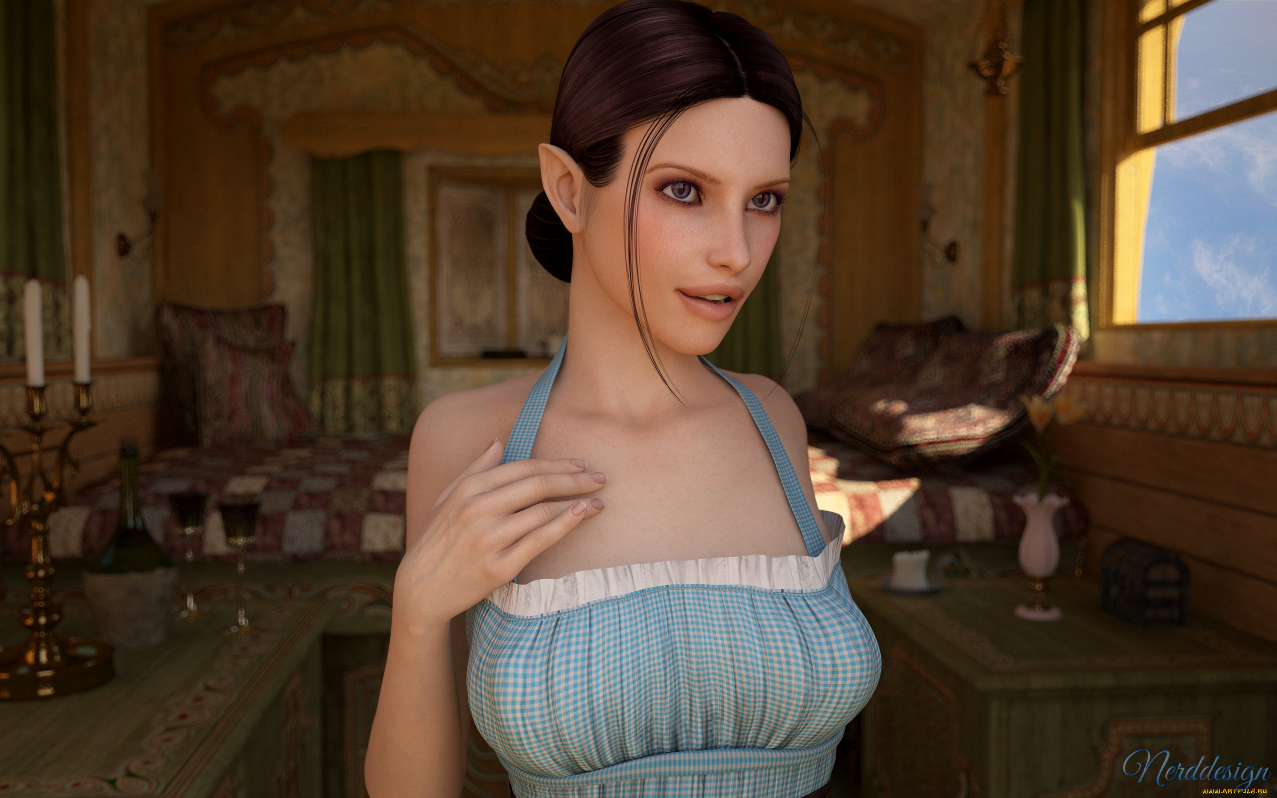 3д, графика, эльфы, , elves, платье, фон, эльфийка, взгляд