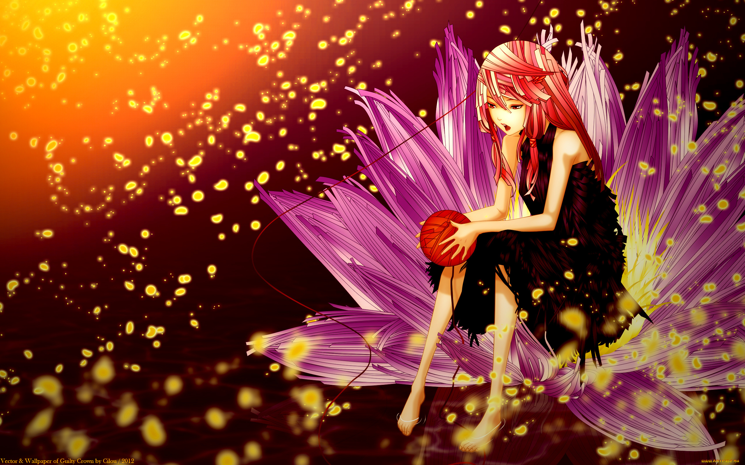 аниме, guilty, crown, yuzuriha, inori, платье, девушка, вода, цветок, заколка, cilou, искры, клубок