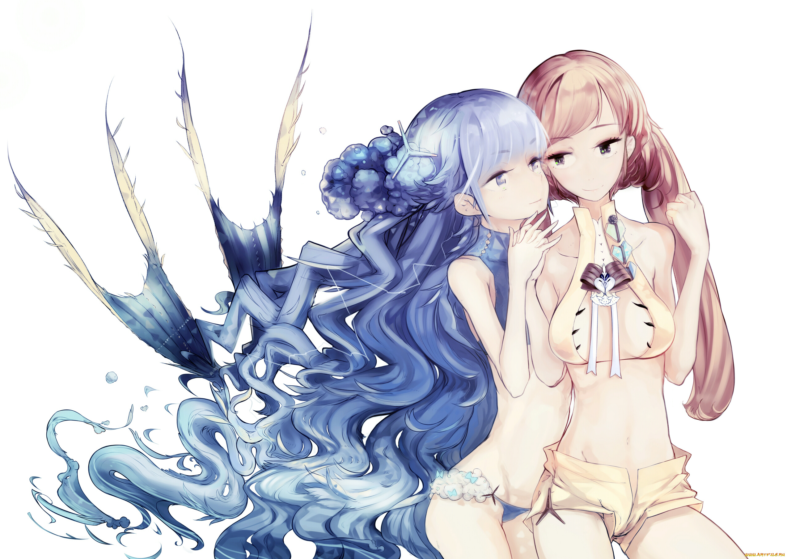 аниме, pixiv, fantasia, бикини, волосы, арт, pixiv, al-qalam, aogiri, fantasia, фон, белый, девушки