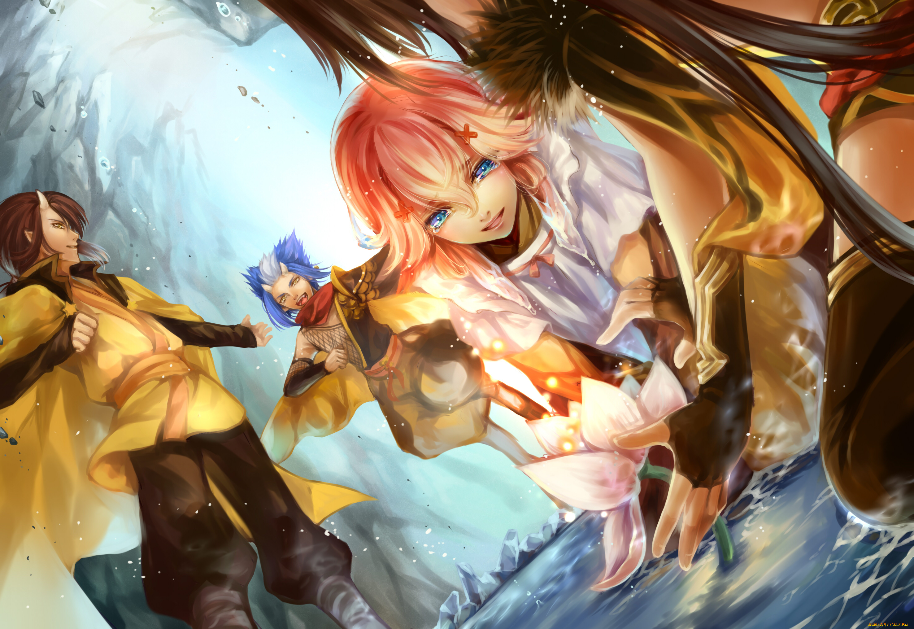 аниме, pixiv, fantasia, рога, пузырьки, магия, вода, девушка, слёзы, цветок, kingchenxi, fantasia, pixiv, парни, арт