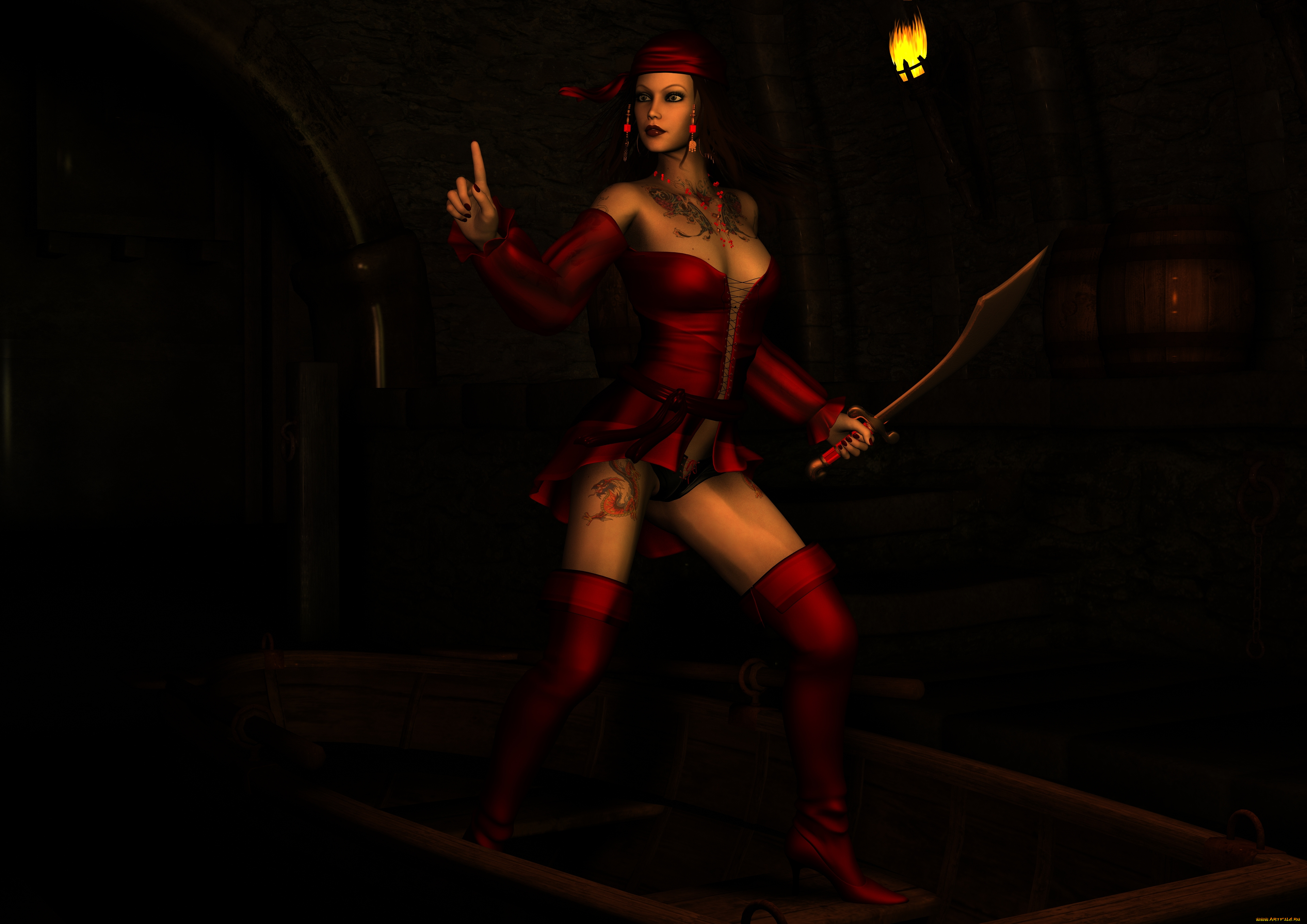 3д, графика, амазонки, , amazon, факел, тату, меч, фон, взгляд, девушка