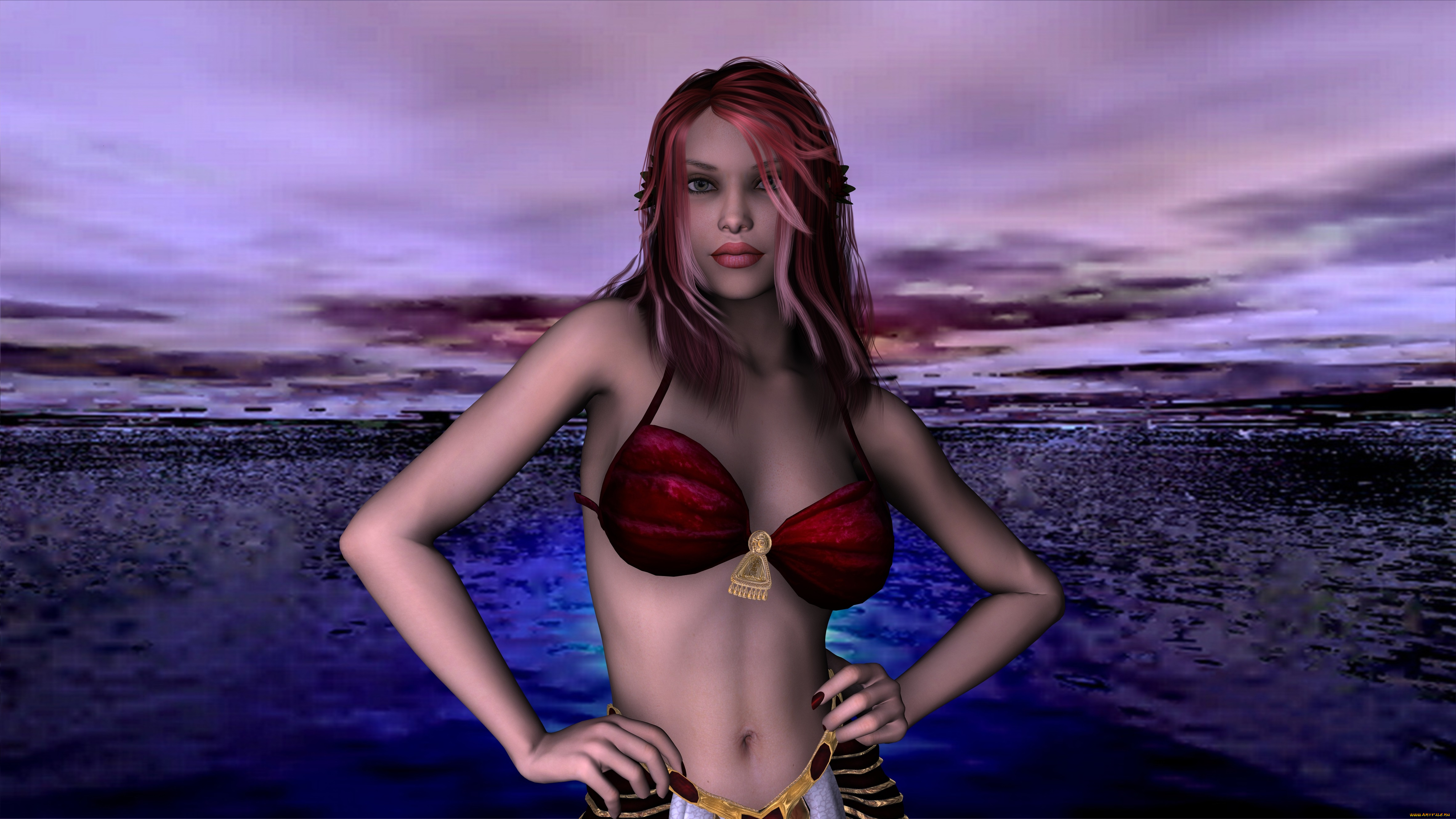 3д, графика, люди, , people, девушка, взгляд, фон, рыжая, купальник, море