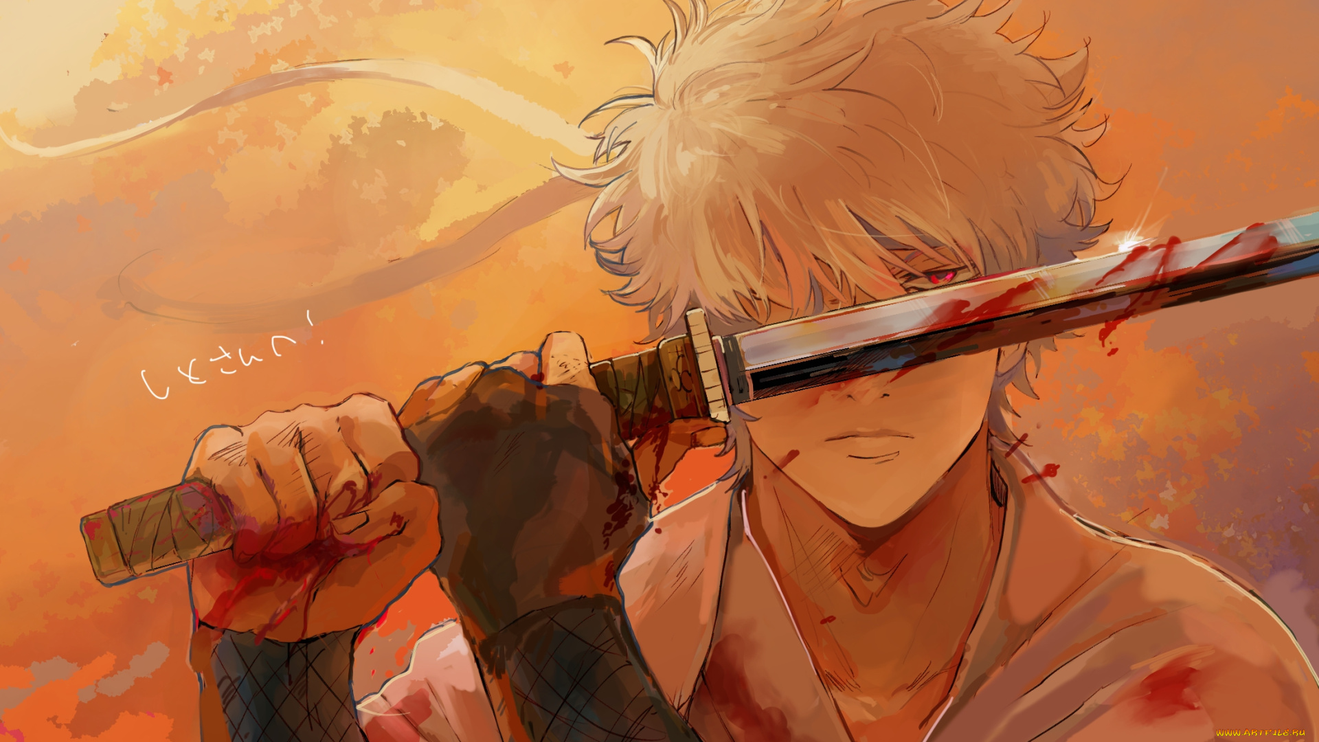 аниме, gintama, парень, гинтоки, взгляд, меч, гинтама, арт