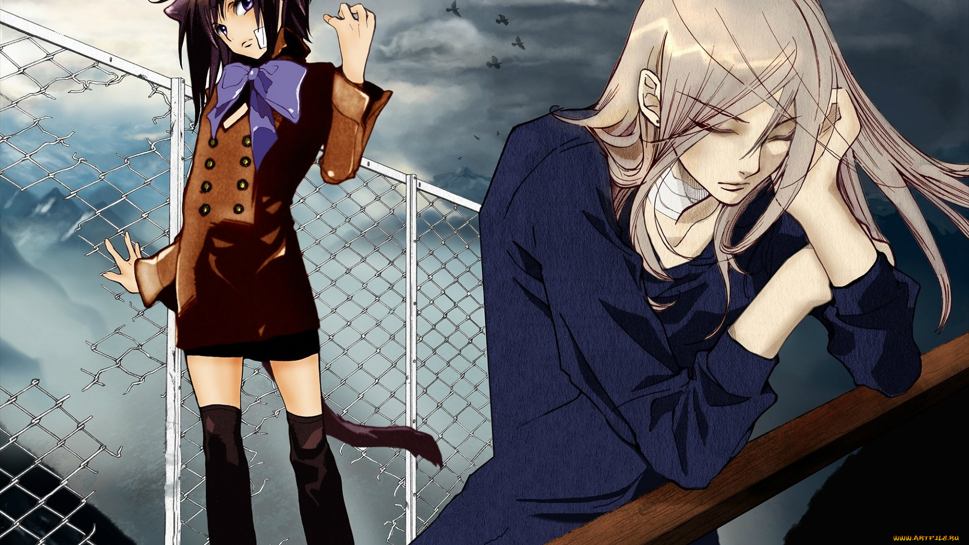 аниме, loveless, ritsuka, aoyagi, закрытые, глаза, сетка, хвост, yun, kouga, art, ушки, мальчик, soubi, agatsuma, небо