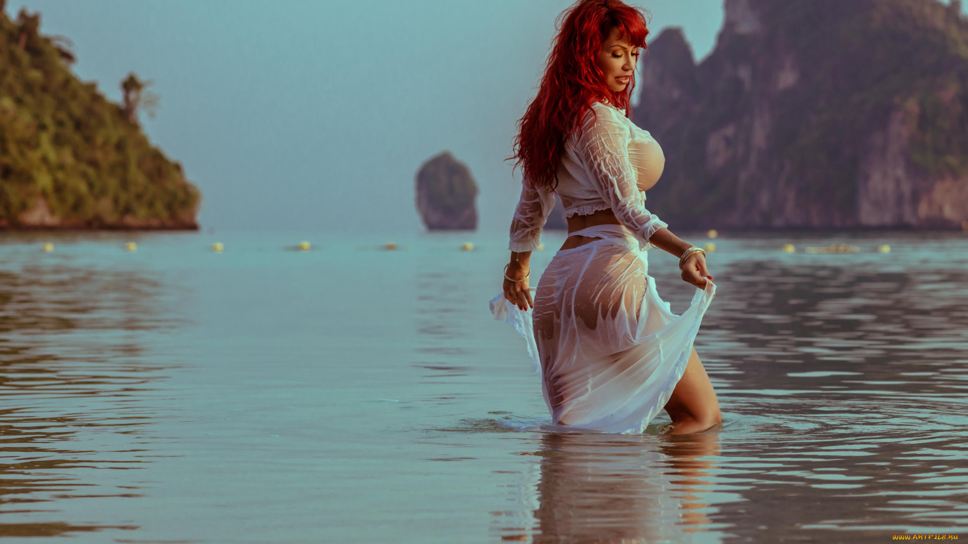 девушки, bianca, beauchamp, рыжая, фигура, грудь, тело, девушка, мокрая, скалы, bianca, beauchamp, поза, вода