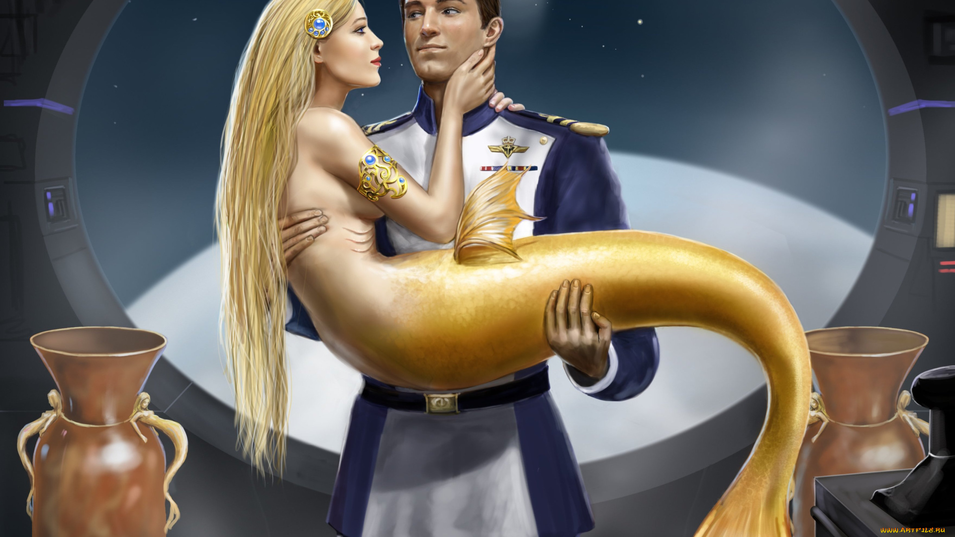 фэнтези, русалки, фантастика, арт, русалка, профиль, взгляд, мужчина