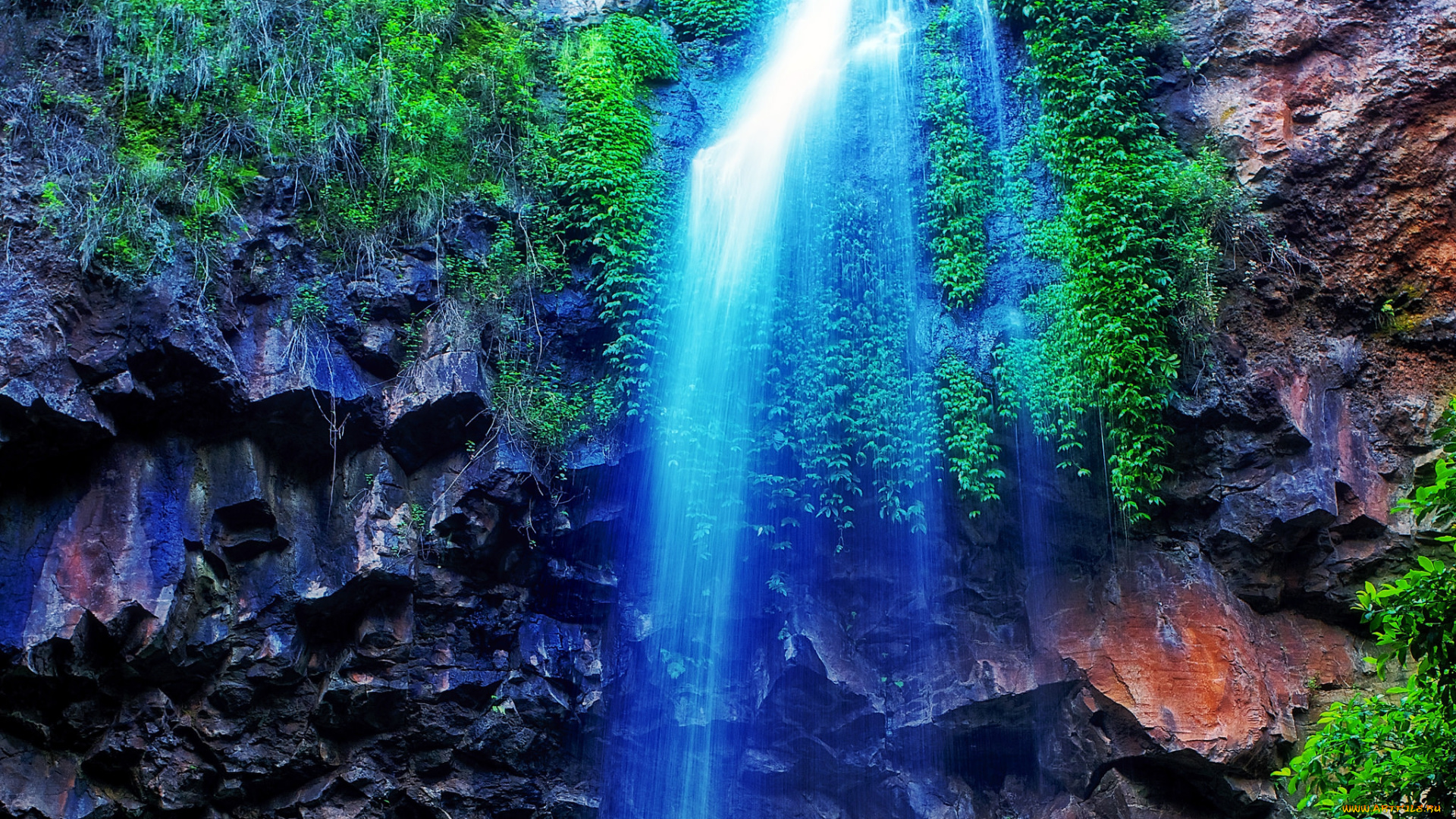 природа, водопады, мох, зелень, камни, поток, вода, водопад