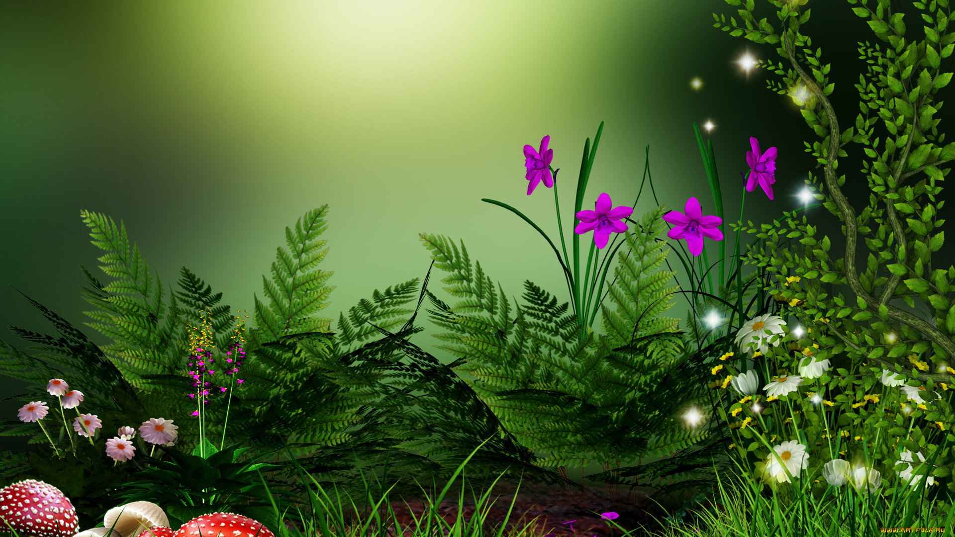 разное, компьютерный, дизайн, цветы, грибы, папоротник, дерево, зеленый
