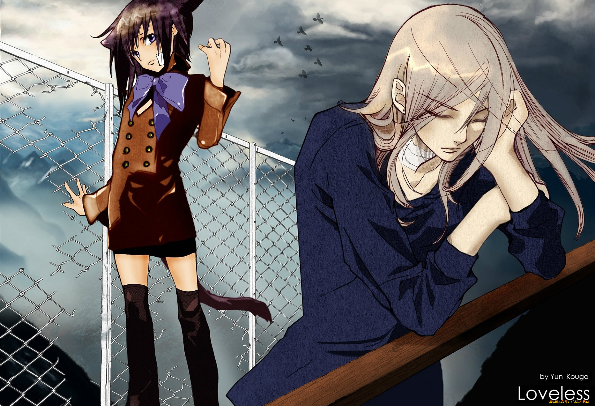 аниме, loveless, ritsuka, aoyagi, закрытые, глаза, сетка, хвост, yun, kouga, art, ушки, мальчик, soubi, agatsuma, небо