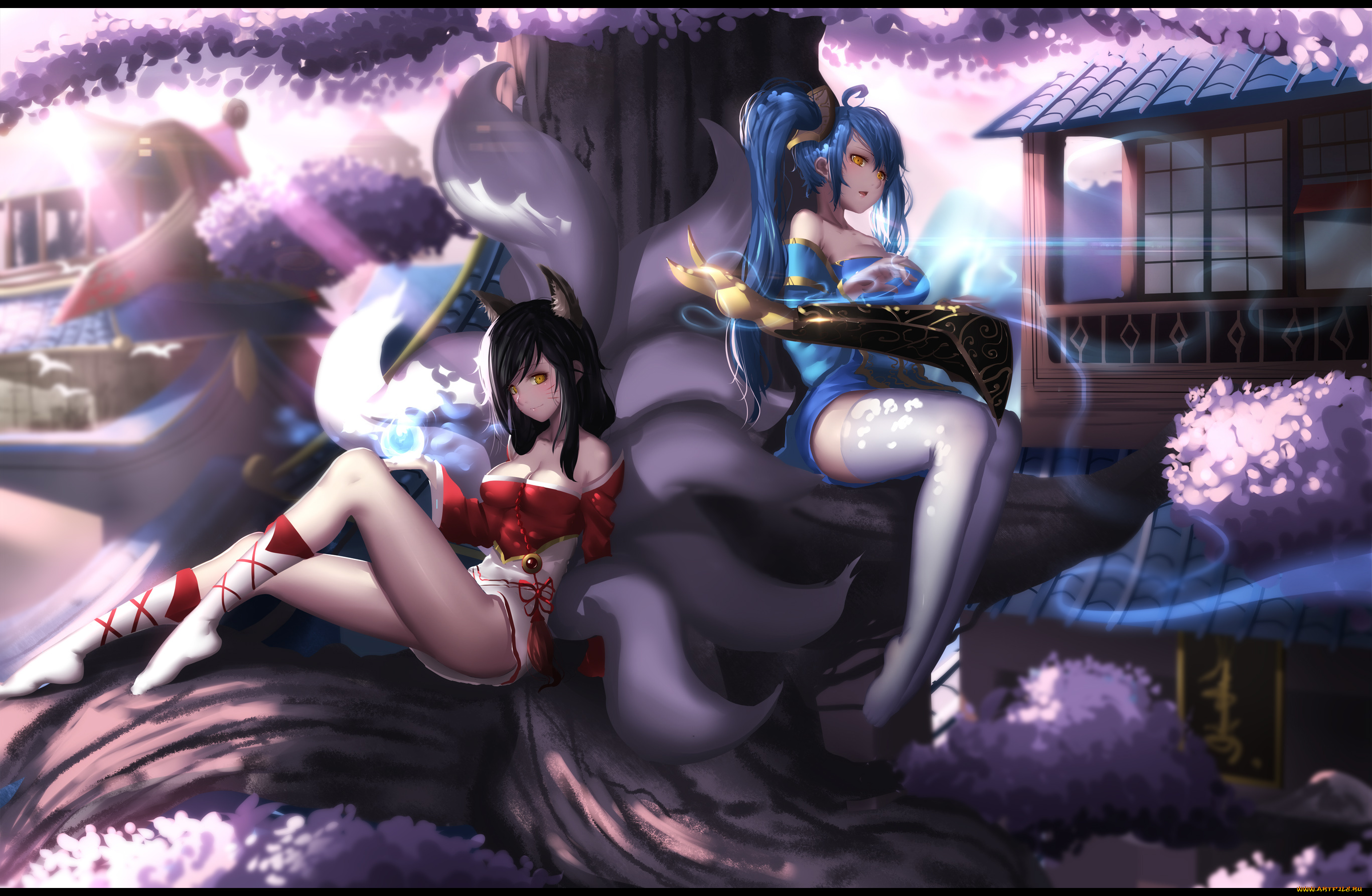 аниме, животные, , существа, девушки, арт, ahri, sona