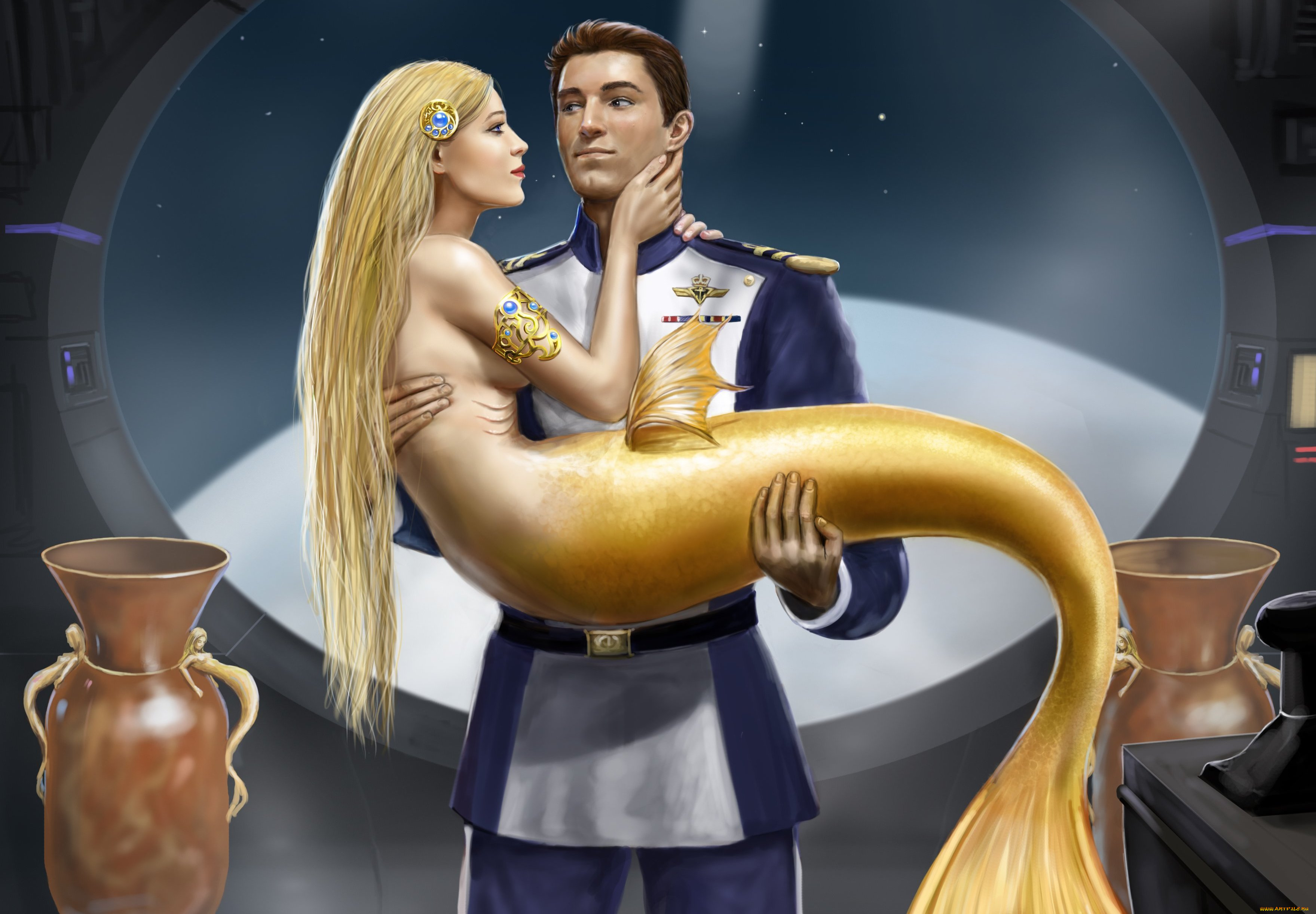 фэнтези, русалки, фантастика, арт, русалка, профиль, взгляд, мужчина