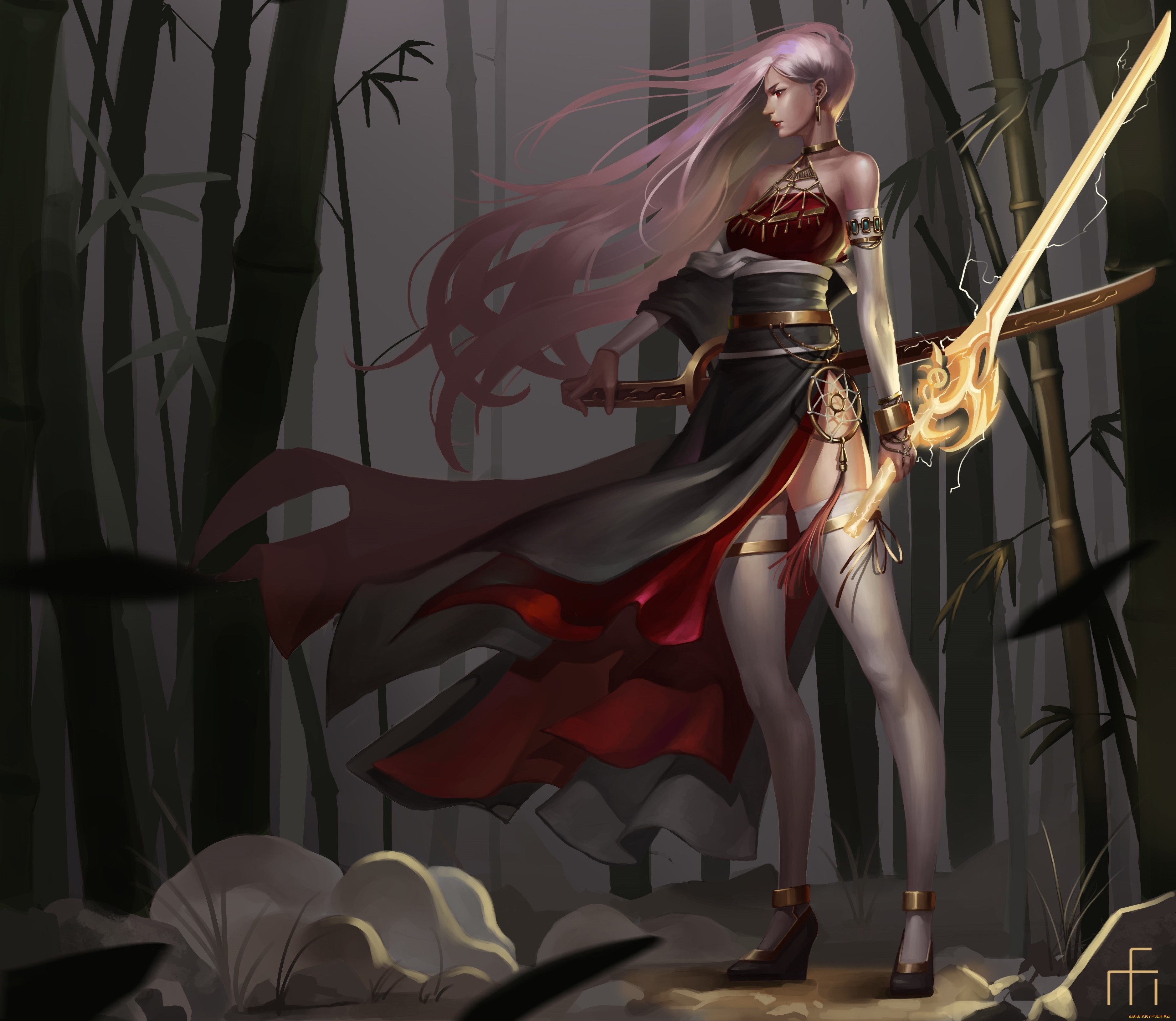 аниме, оружие, , техника, , технологии, взгляд, лес, фон, девушка