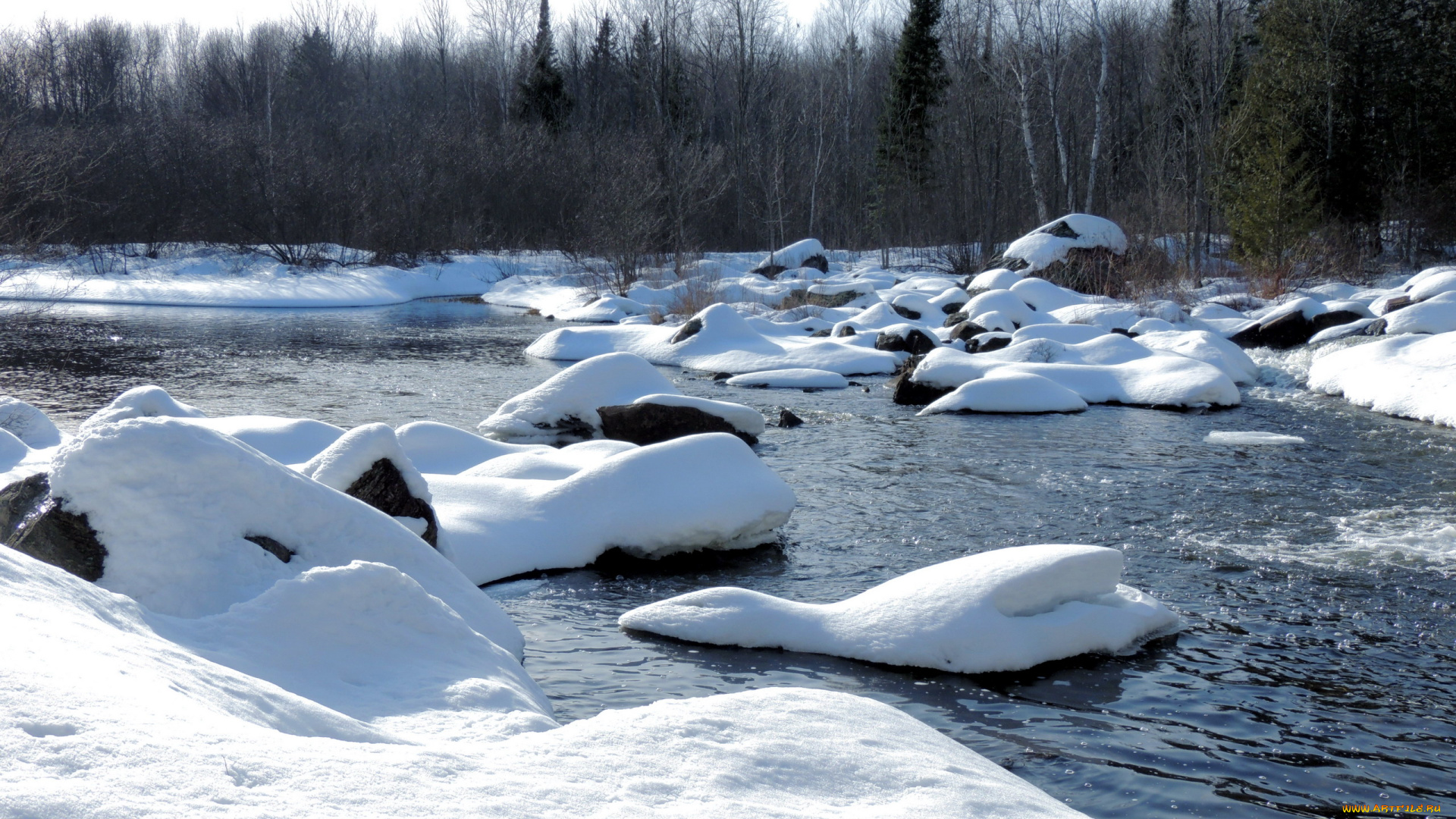 природа, зима, река, снег, сугробы