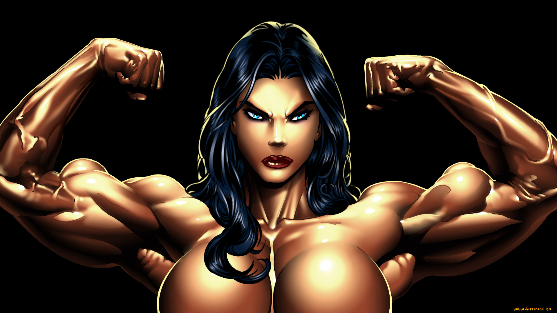 рисованное, комиксы, девушка, бицепсы, взгляд, фон