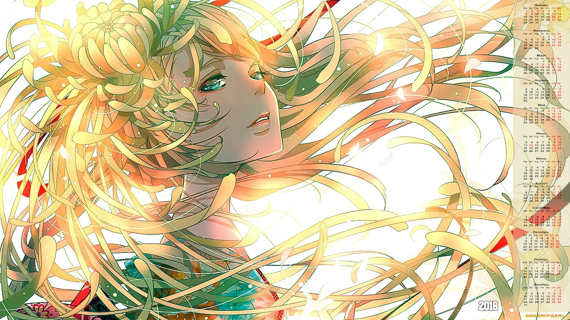 календари, аниме, лицо, взгляд, девушка, 2018