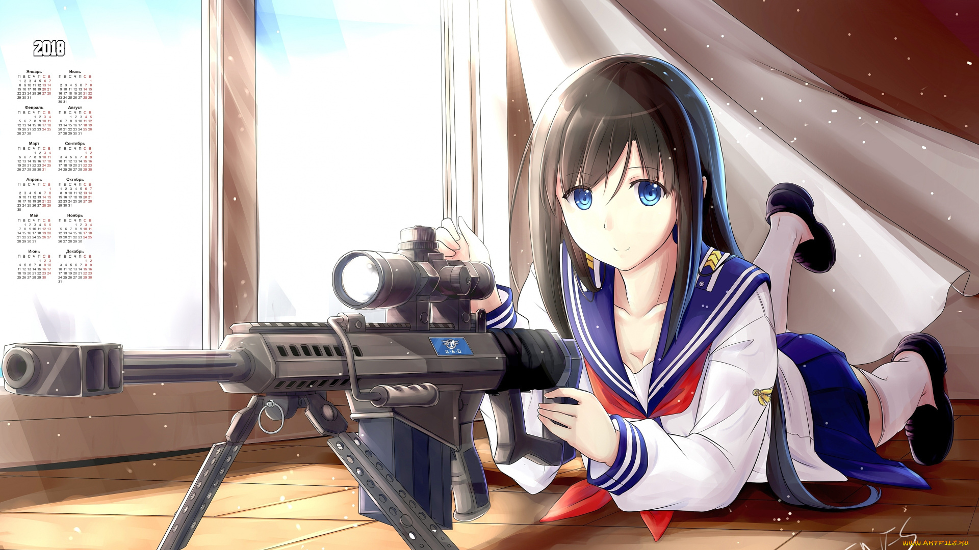 календари, аниме, окно, орудие, взгляд, 2018, девушка