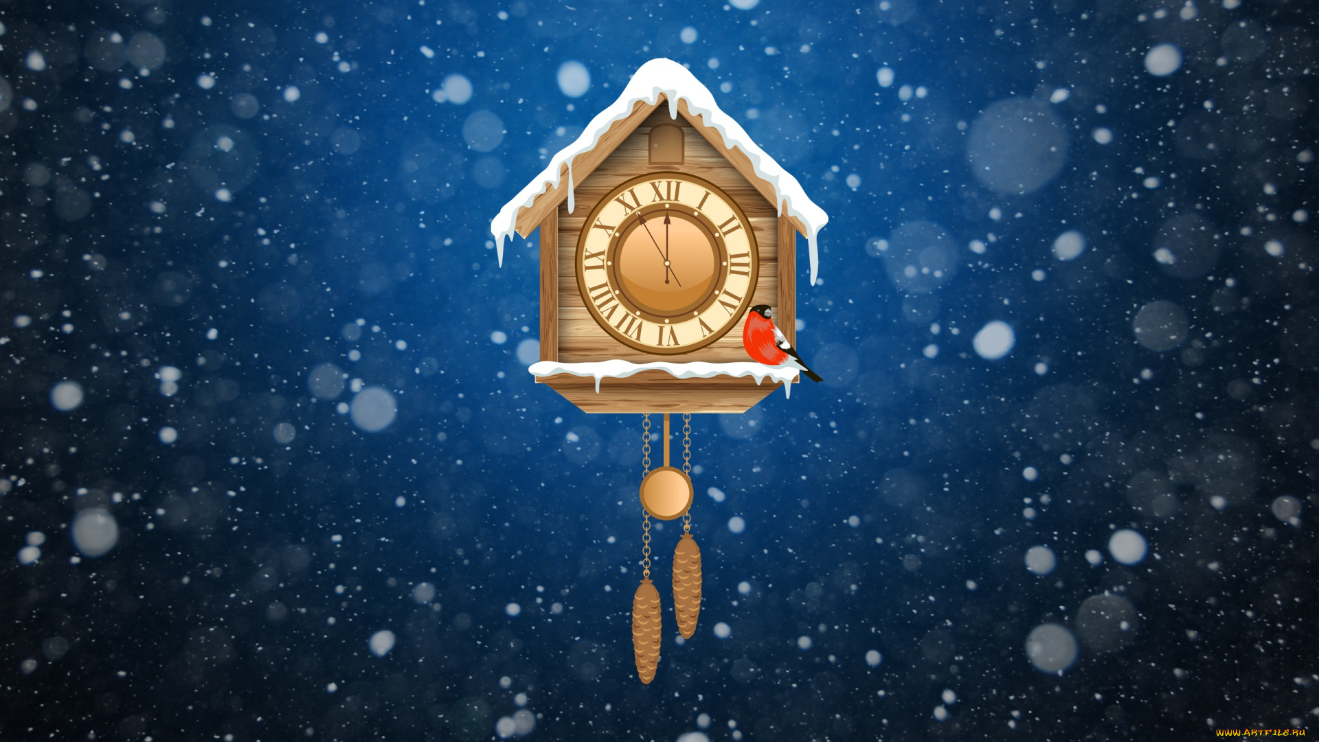 праздничные, векторная, графика, , новый, год, Часы, снег, фон, настроение, новый, год, праздник, снегирь, зима, минимализм