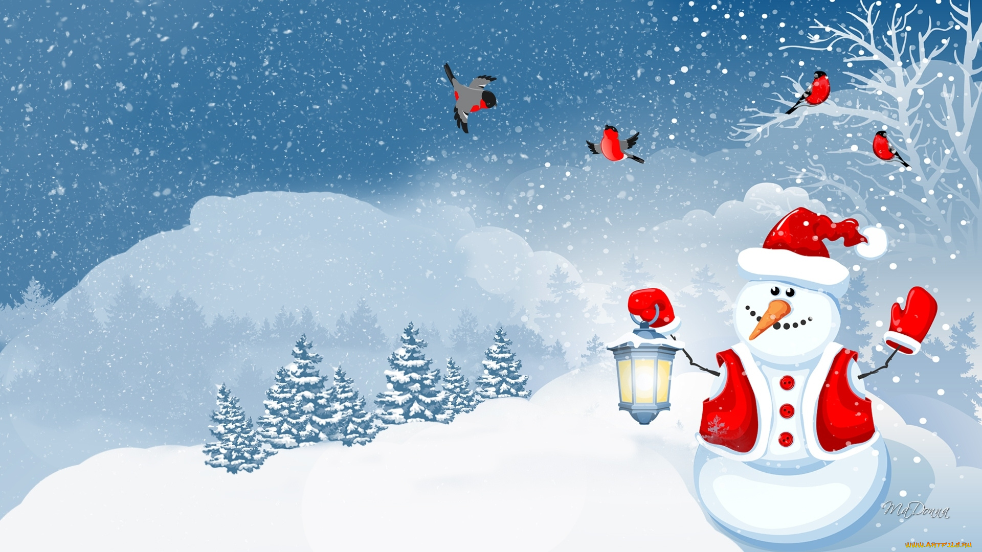 праздничные, векторная, графика, , новый, год, птицы, снеговик