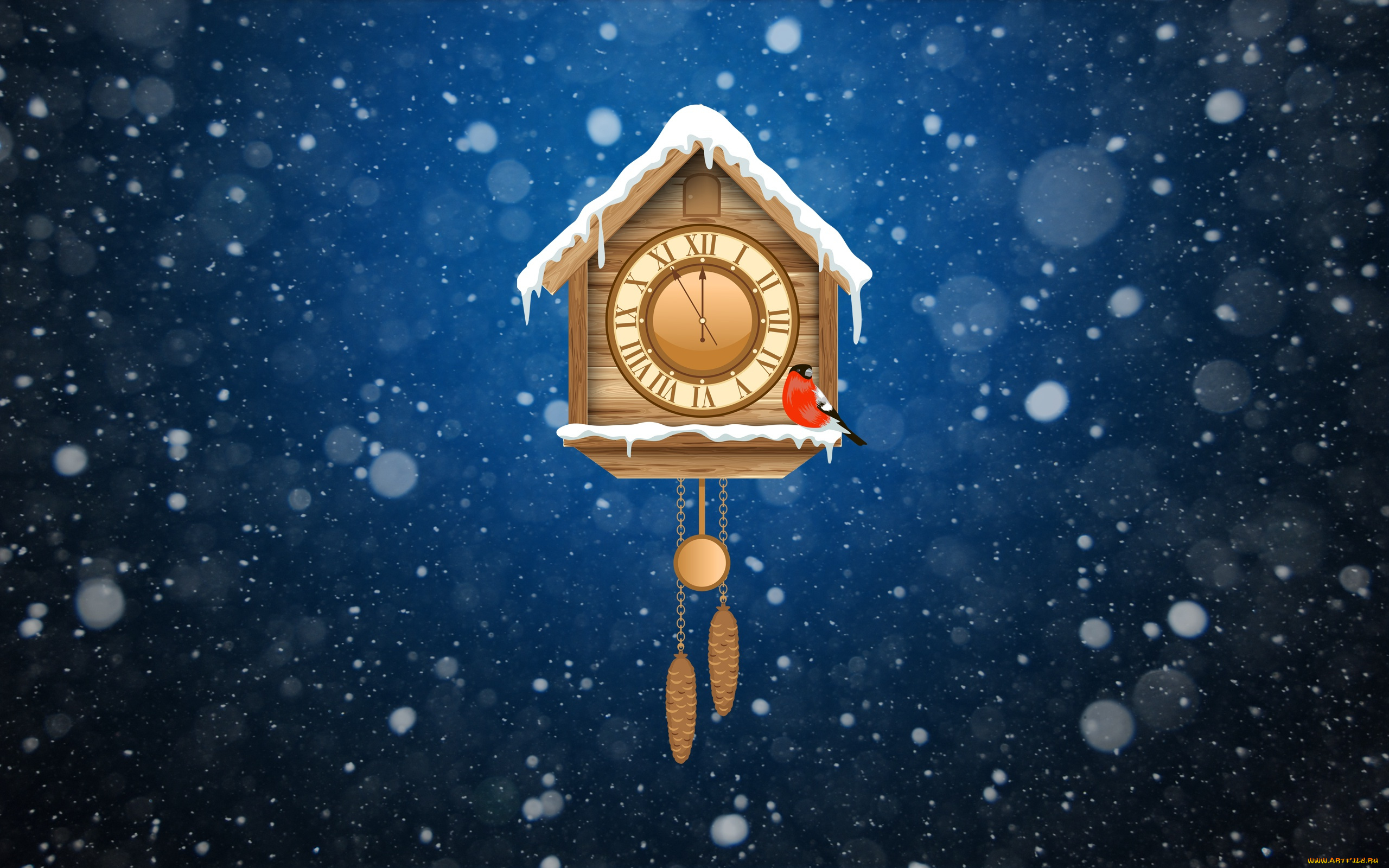 праздничные, векторная, графика, , новый, год, Часы, снег, фон, настроение, новый, год, праздник, снегирь, зима, минимализм