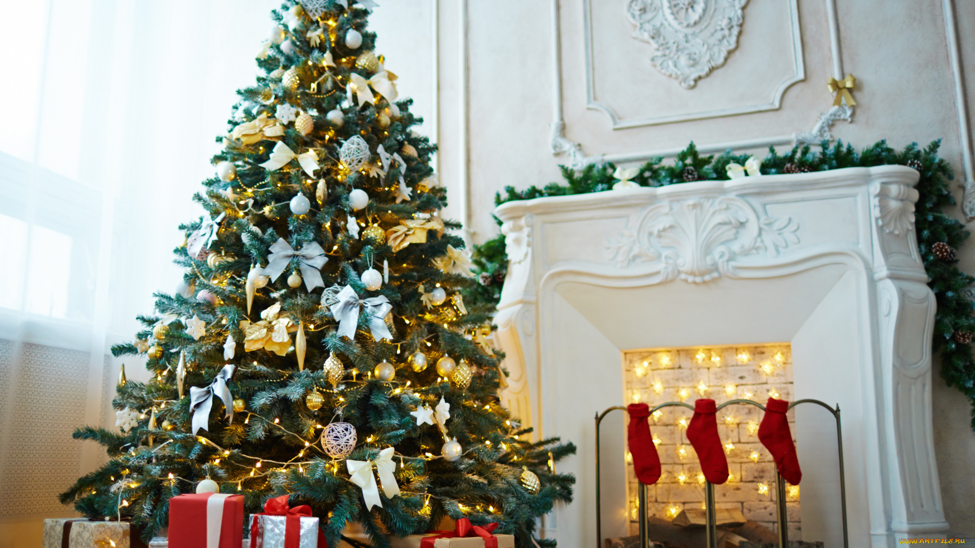 праздничные, Ёлки, камин, елка