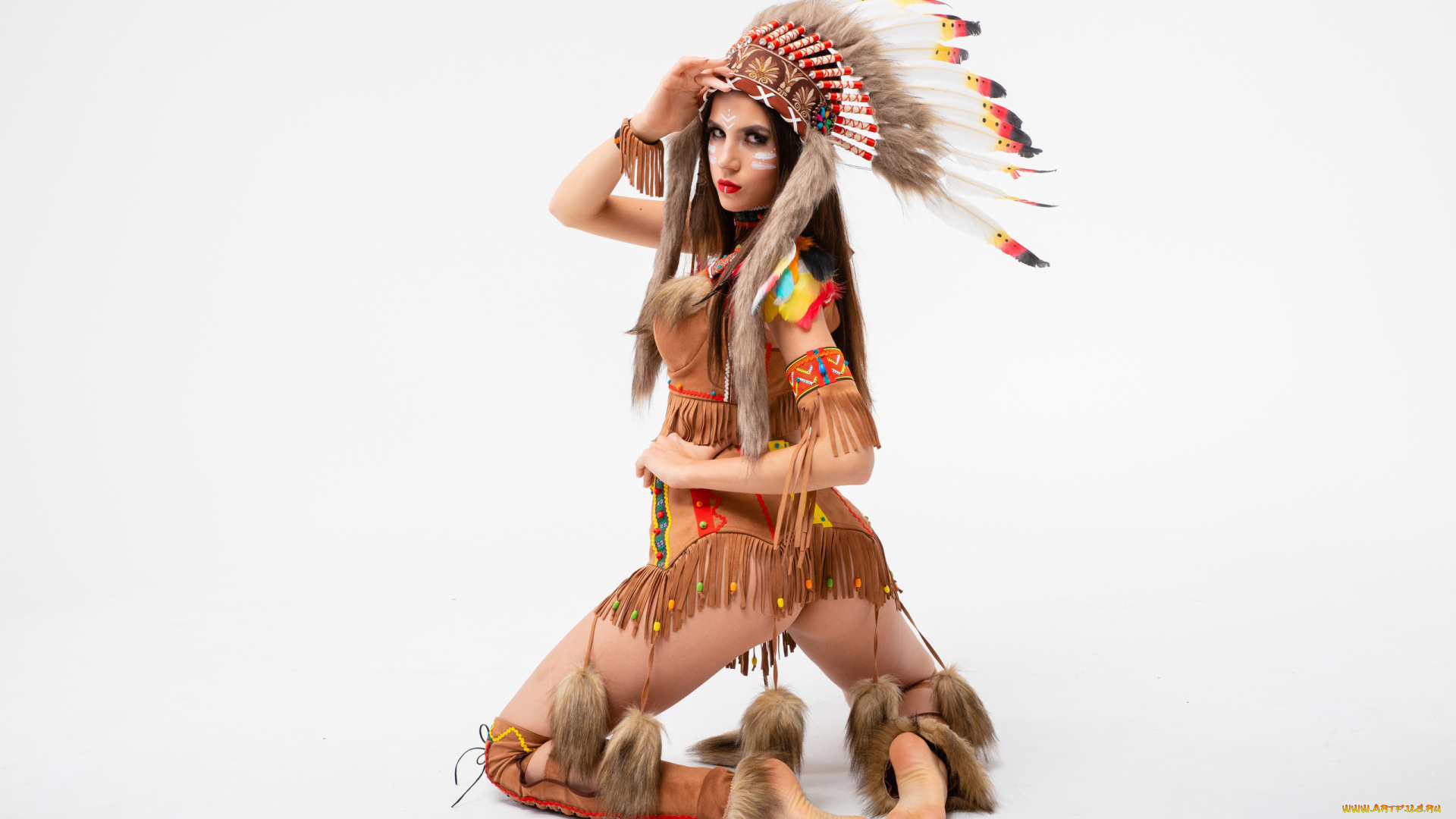 девушки, -unsort, , брюнетки, темноволосые, перья, костюм, индейца