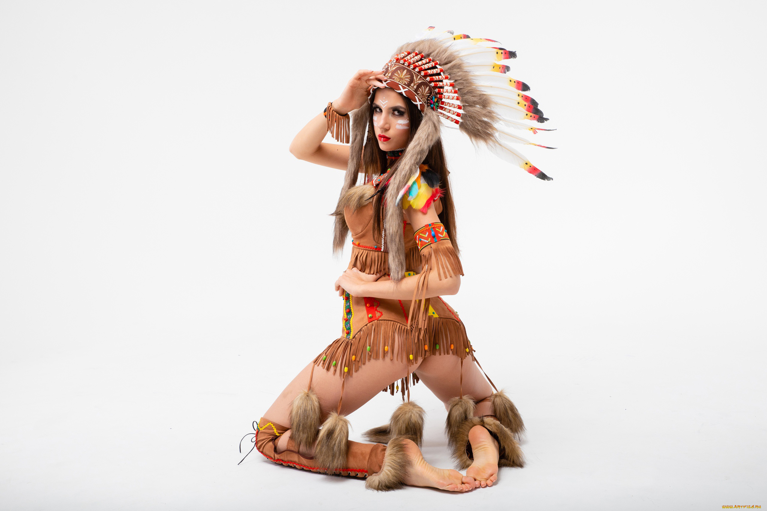 девушки, -unsort, , брюнетки, темноволосые, перья, костюм, индейца