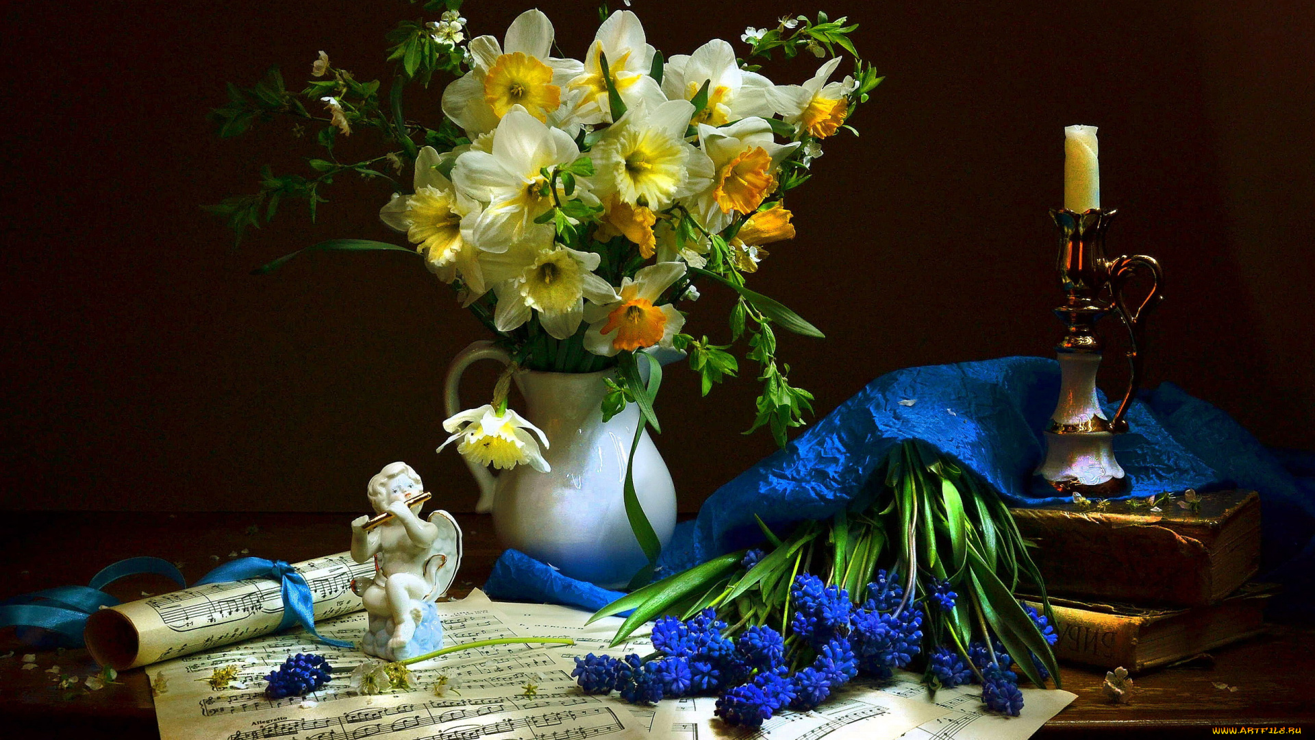 цветы, разные, вместе, мускари, нарциссы, композиция, букет