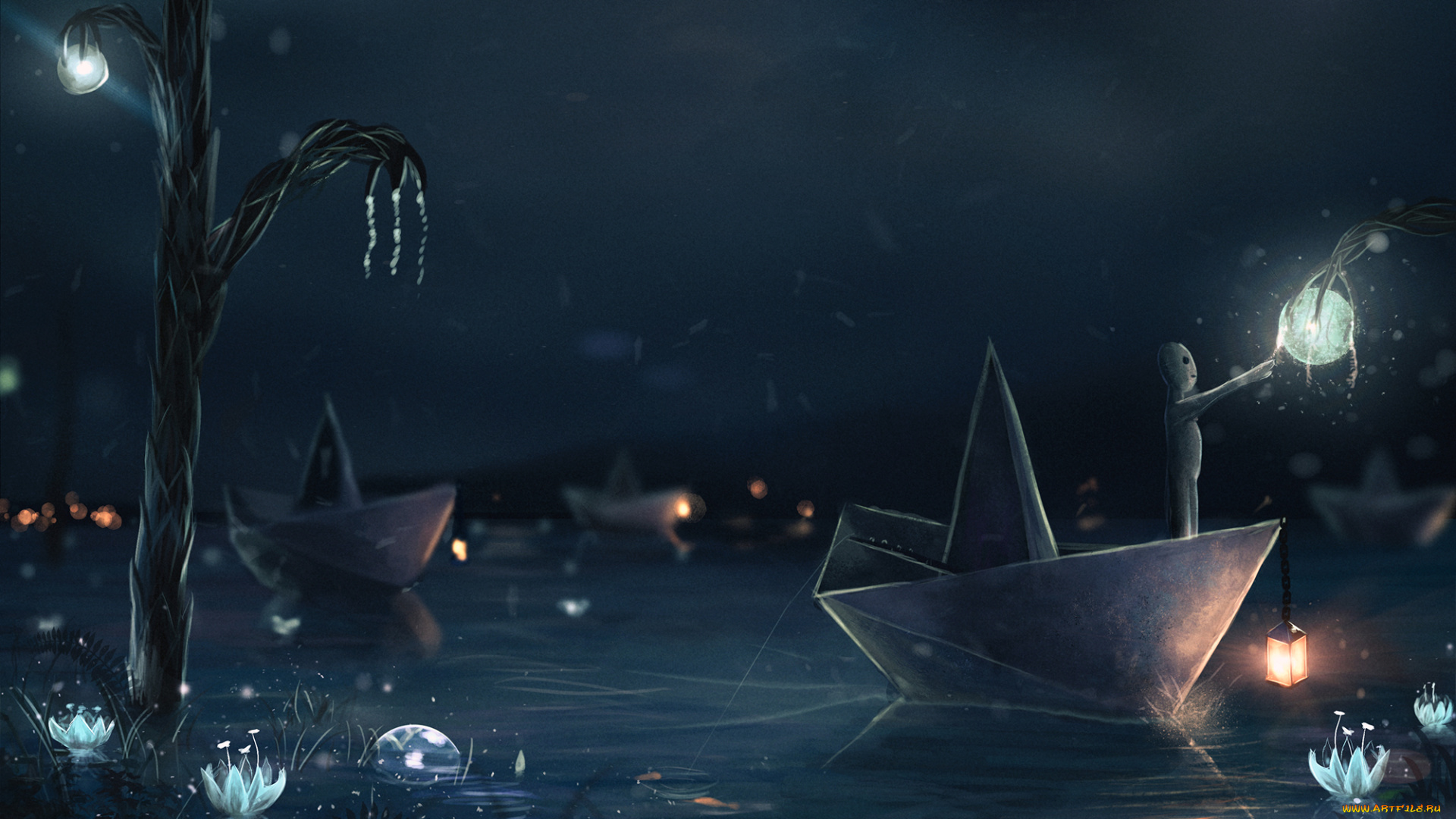 фэнтези, существа, бумажные, кораблики, вода, ночь, фонарь