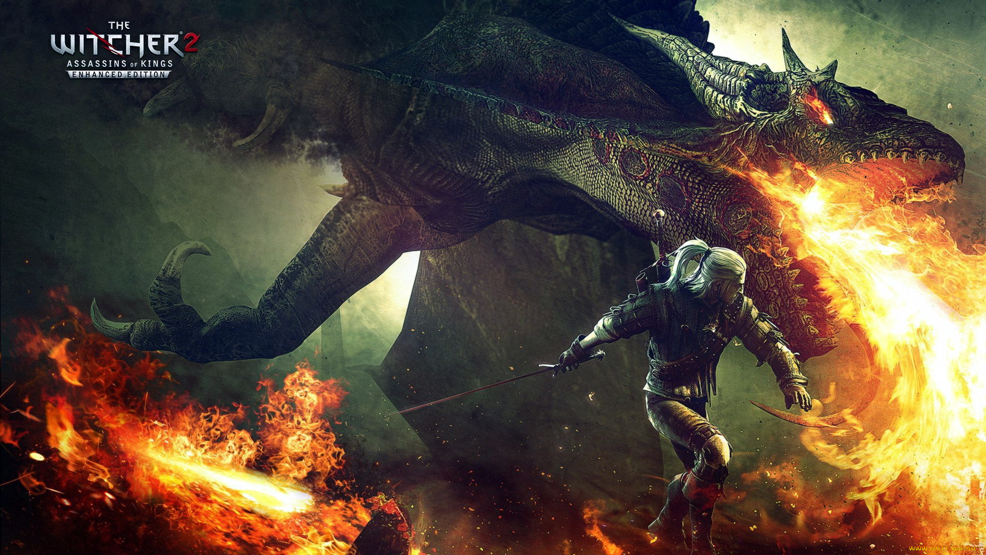 видео, игры, the, witcher, 2, , assassins, of, kings, геральт, ведьмак, дракон, бой, огонь