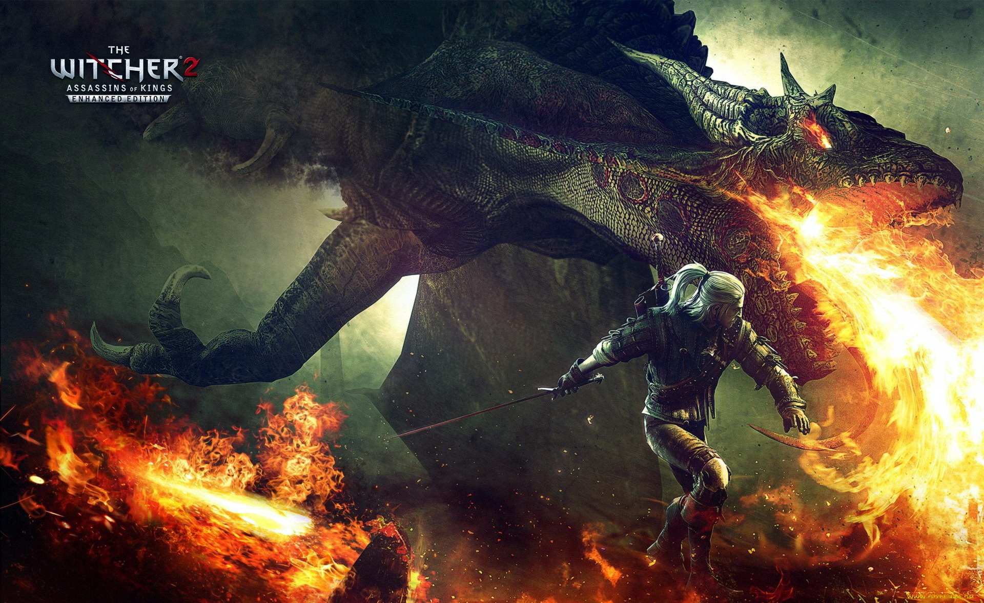 видео, игры, the, witcher, 2, , assassins, of, kings, геральт, ведьмак, дракон, бой, огонь